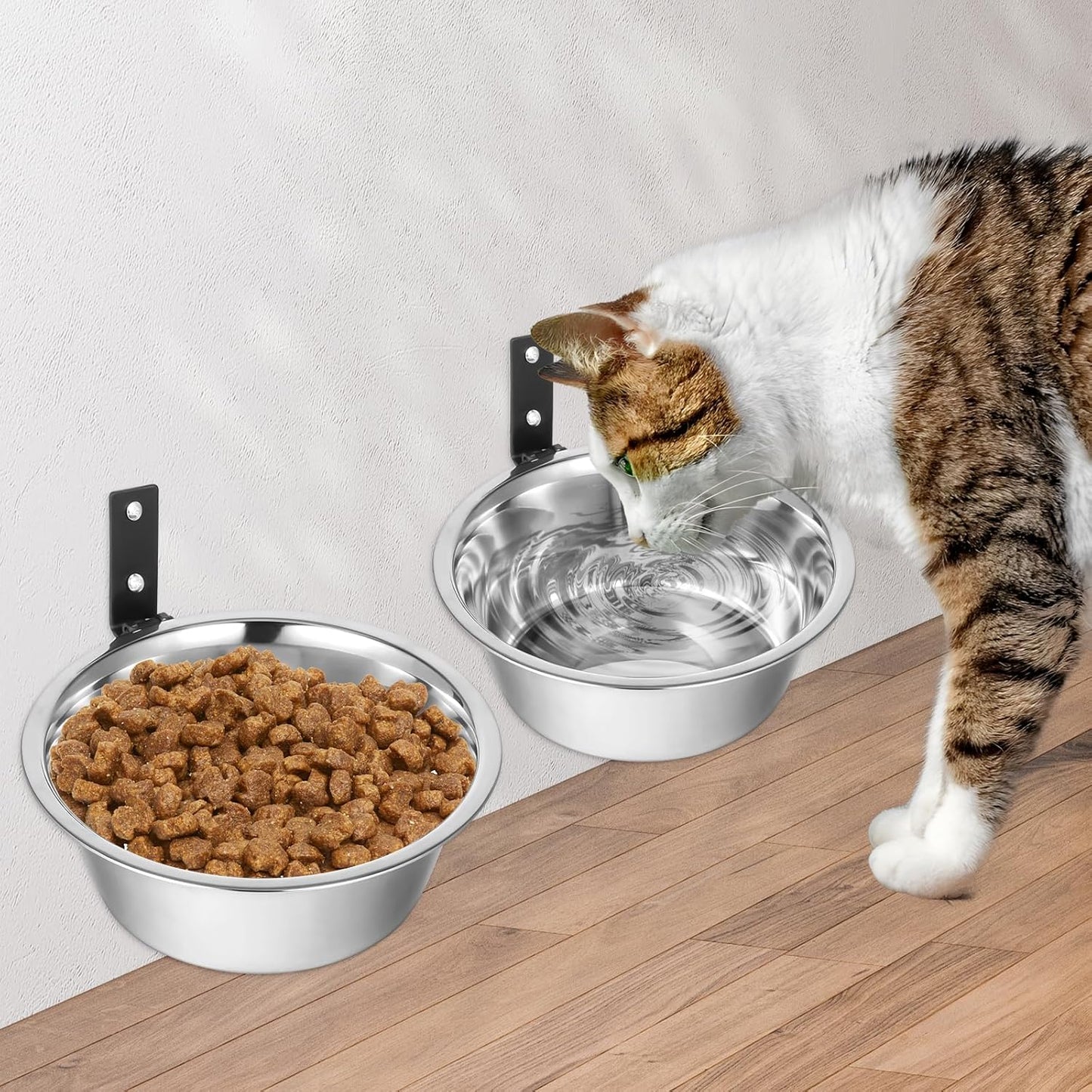 2 Pcs Wall Mounted Dog Bowl, Wall Mounted Pet Feeding Bowls, Elevated Pets Bowls, Adjustable Heights Hanging Stainless Steel Dog Food and Water Bowl with Collapsible Stand Holder