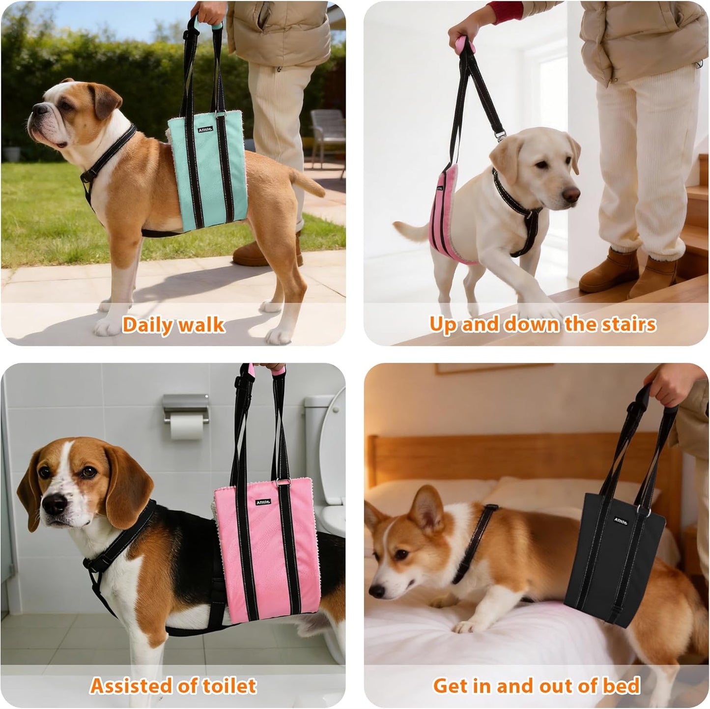 AIITLE Dog Slings for Small Dogs - Adjustable Reflective Dog Lift Harness with Anti-Slip Collar for Senior Dogs, Hind Leg Weakness, Hip Dysplasia, ACL Surgery (Black, S)