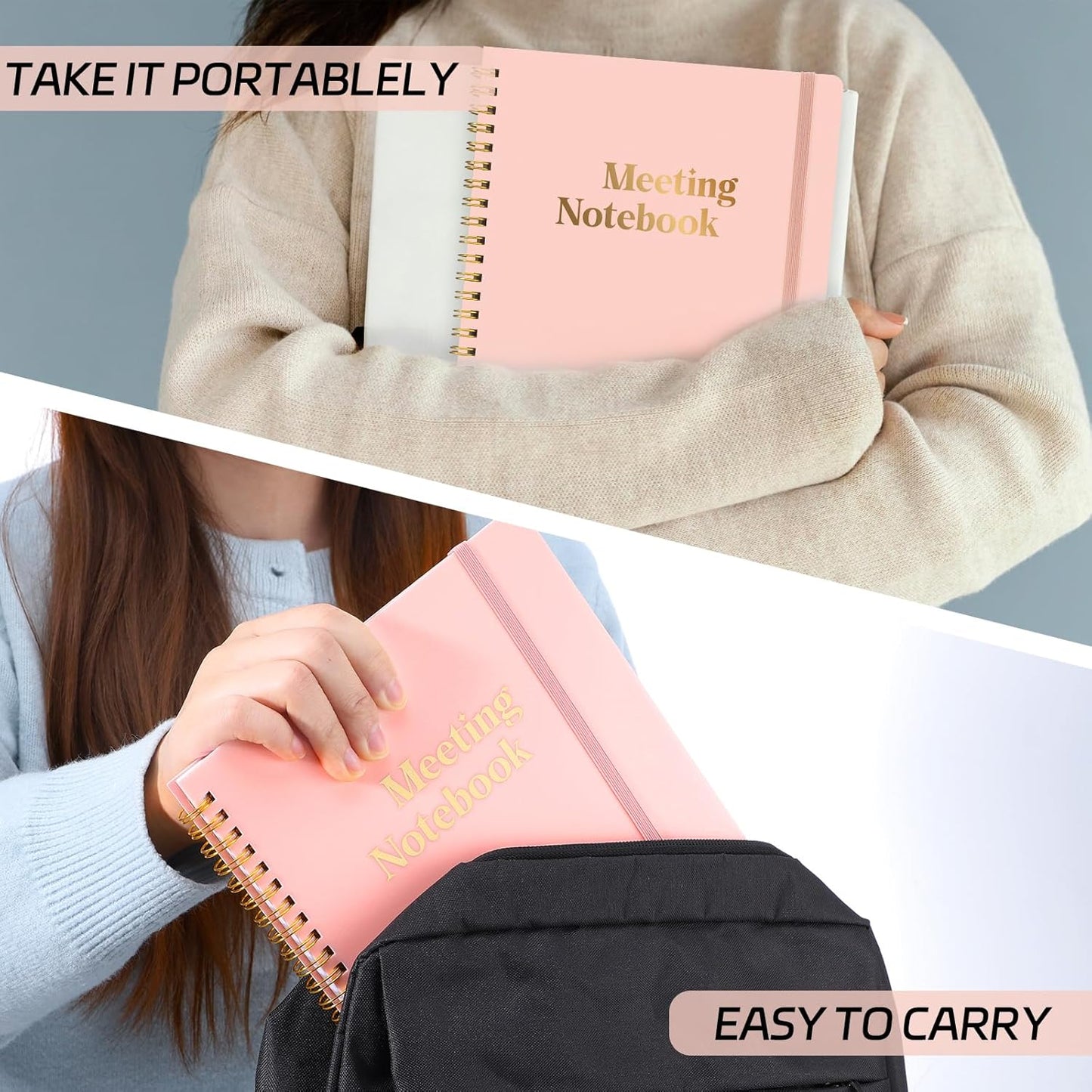Meeting Notebook for Work with Action Items & Meeting Minutes, 160 Pages Undated Spiral Bound Hardcover Work Notebook for Women & Men, 7" x 10" (Pink)