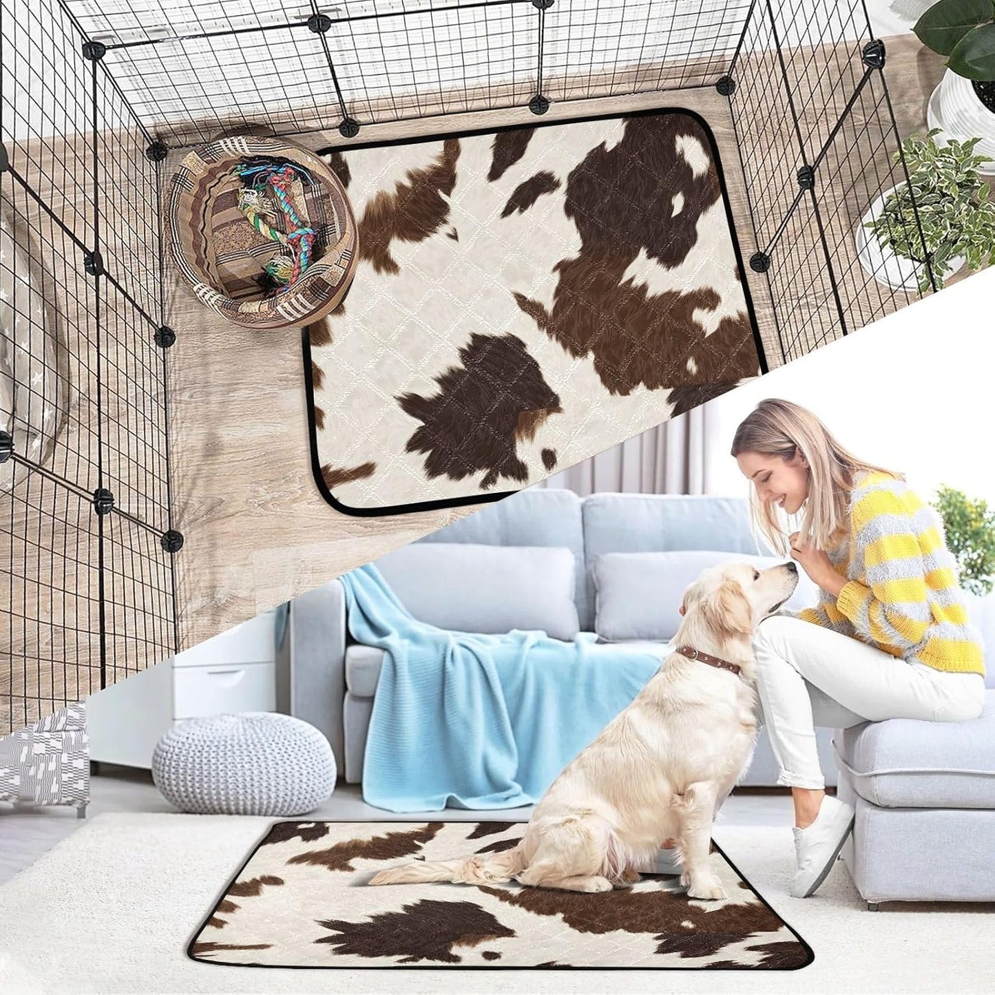 Cow Print Washable Pee Pads for Dogs, 2 Pack Non-Slip Reusable Dog Pads Waterproof Whelping Training Pet Mat for Potty, Crate, Playpen, Bed, Sofa
