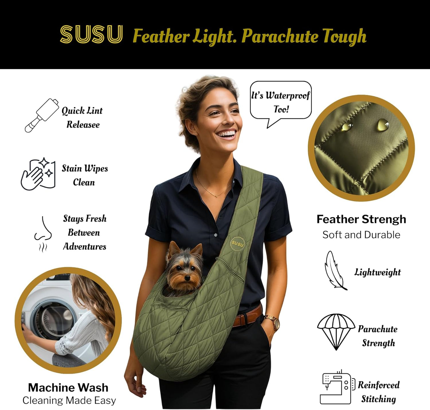 Small Dog Carrier Sling – Olive Green Hands‑Free 2‑in‑1 Sling & Handheld Carrier for Toy Dogs 3-8 lb, Parachute‑Grade Rip‑Stop Nylon, 4″ Padded Strap, Safety Tether & Two Pockets