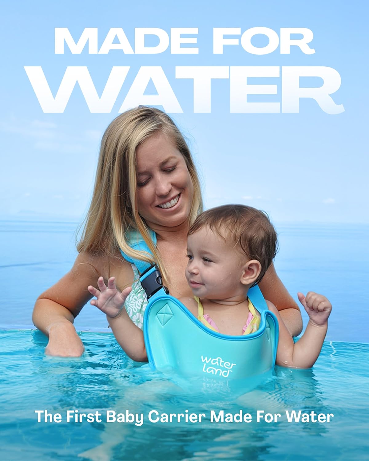 WaterLand Baby Carrier - Innovative Carrier You Can Use Both in Water & Land - Waterproof Infant Chest Holder with Adjustable Straps, Lightweight Toddler Harness for Pool & Beach (IBlue)