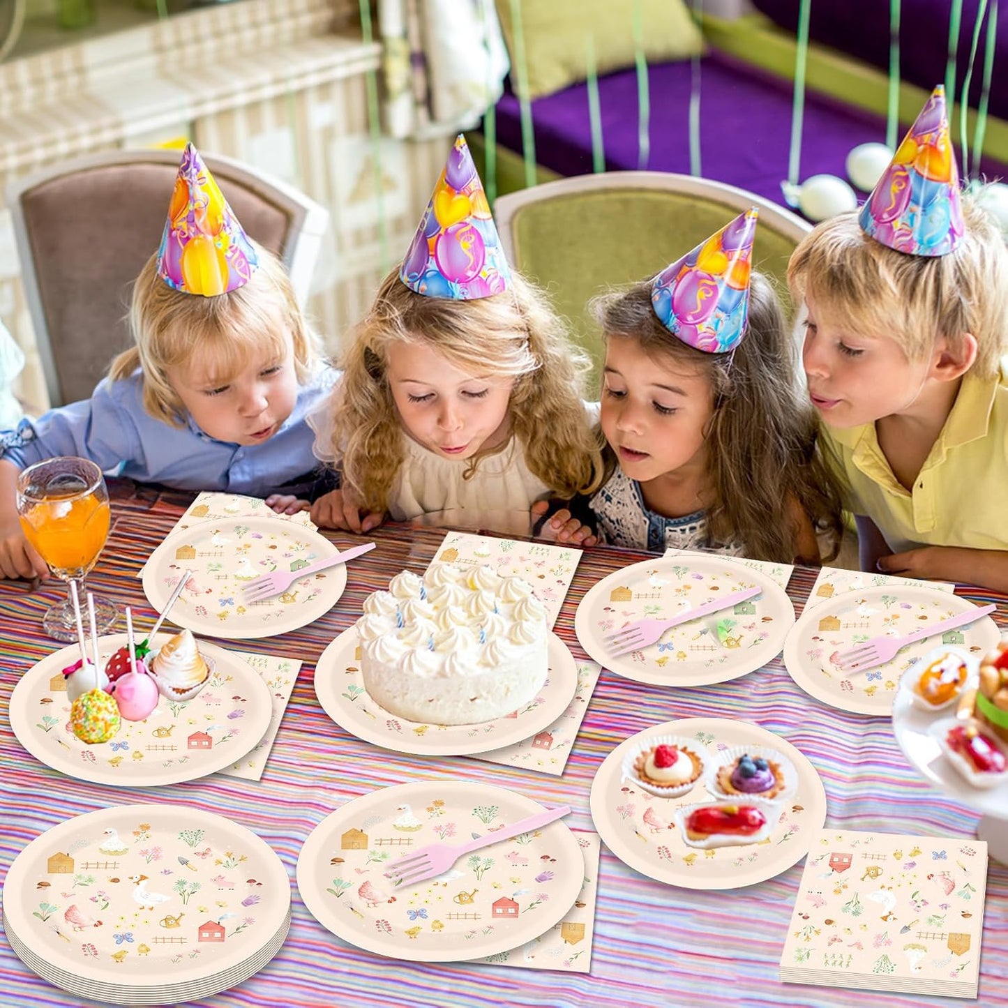 96Pcs Farm Barnyard Party Decorations Garden Tea Themed Tableware Farm Animals Flowers Plates Napkins Forks Summer Floral Dinnerware Supplies for Baby Shower Birthday Serves 24 Guests