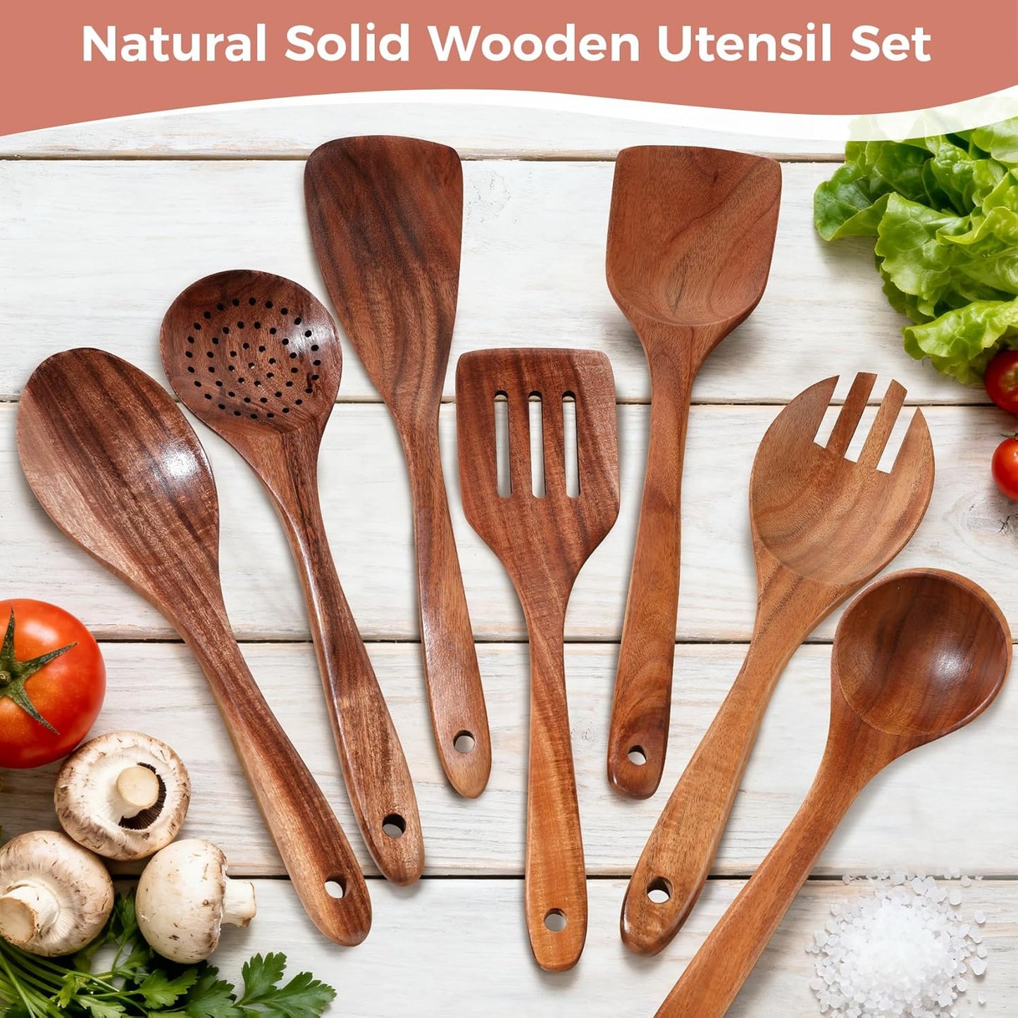 Wooden Spoons for Cooking - 7 Pieces Wooden Kitchen Utensils Set, Smooth Natural Teak Wood Utensil Set, Nonstick Heat-Resistant Cooking Utensils - Lightweight & Sturdy, Wooden Spatula for Cooking