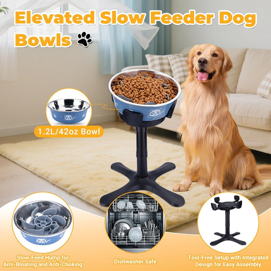 Elevated Slow Feeder Dog Bowl Adjustable Stand,Tilted ABS Base,Fits 5.5-9.5" Bowls, Anti-Spill & Non-Slip, Heavy Duty for Med/Large Dogs(with Stainless Steel Bowls 1 Pack)