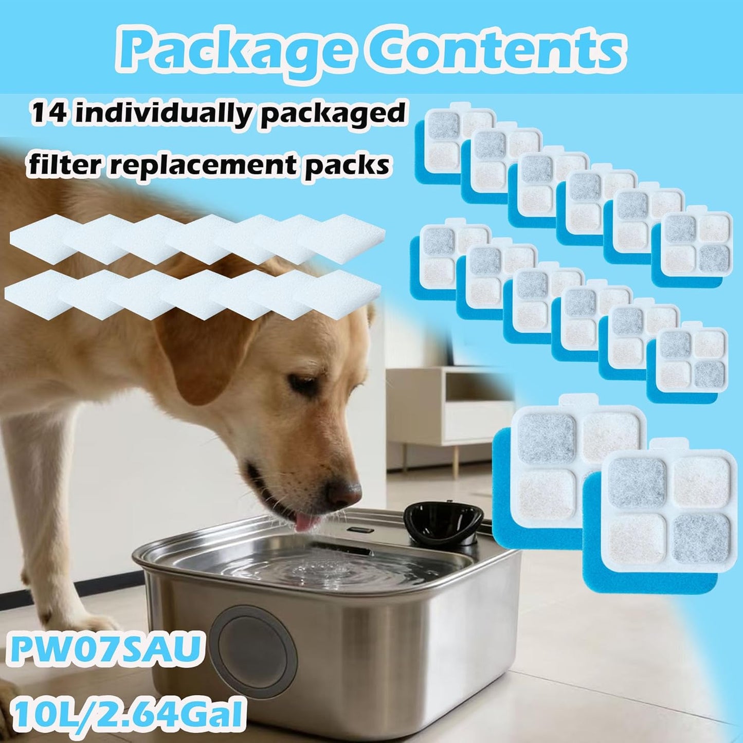 14+14+14 Pack Dog Water Fountain Filter Replacement Compatible with Oneisall PW07SAU 10L/2.64Gal, Replacement Charcoal Filter for Dog Water Fountain Stainless Steel (14 Set)