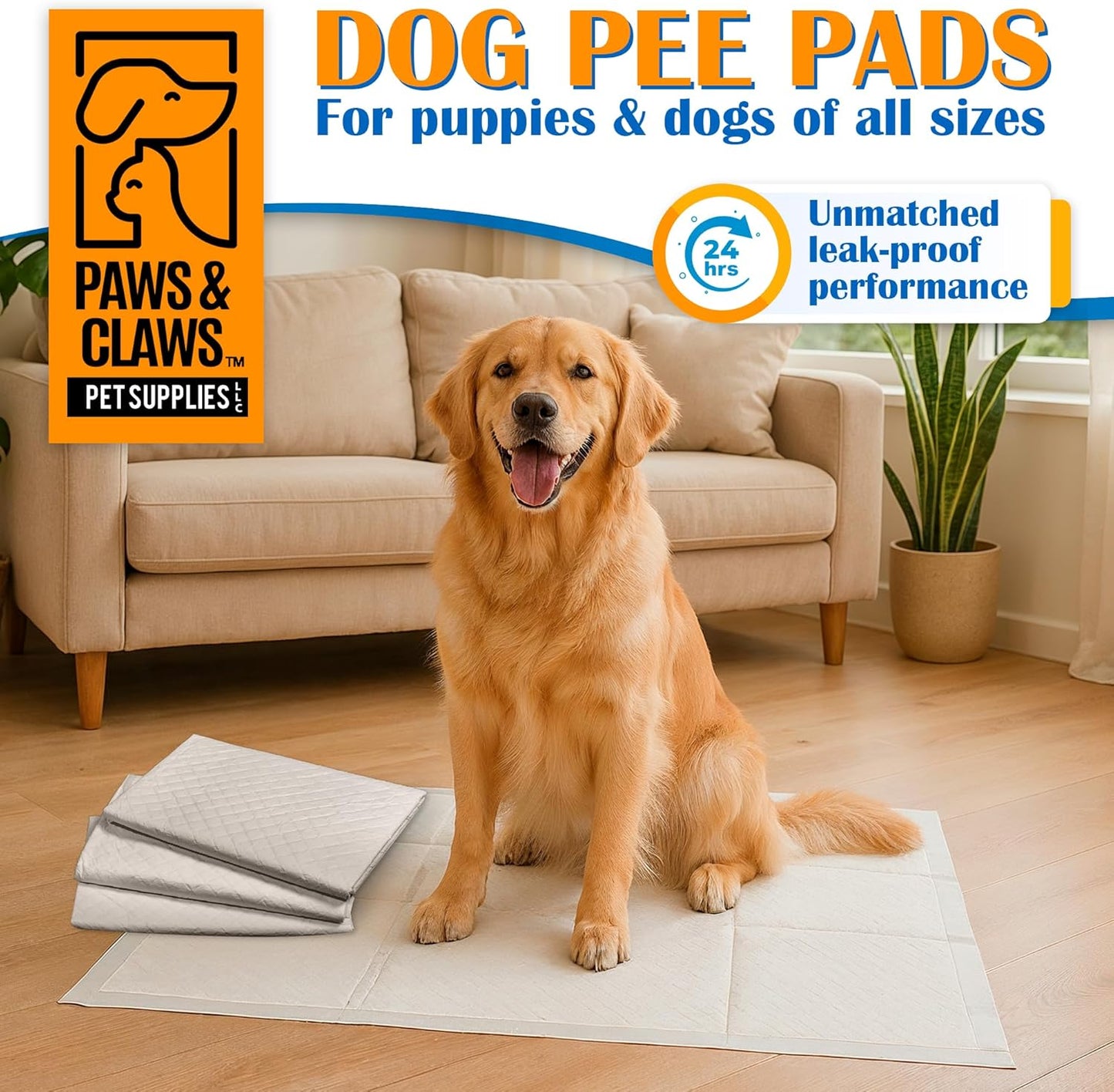 Paws & Claws Premium Disposable Dog & Puppy Pee Pads – Medium 24"x24", 50 Count – 6-Layer Leak‑Proof, Super Absorbent (Holds 6 Cups), Odor Control, Quick‑Drying, Non‑Slip – Puppy & Senior Training