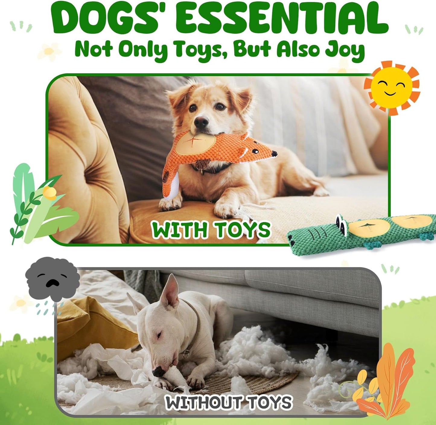 XIUGOAL Dog Toys for Aggressive Chewers, 2 Pack No Stuffing Interactive Dog Toys for Boredom and Teething, Squeaky Chew Toy for Small, Medium Breed to Keep Them Busy