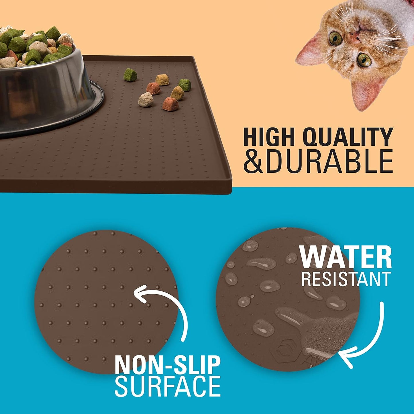 Waterproof Raised Edge BPA Free Silicone Pet Feeding Mat, 23x15 Dishwasher Safe Food Mat Contains Spills & Protects Floors, Placemats for Cats and Dogs Water Bowl, Pets Accessories Brown