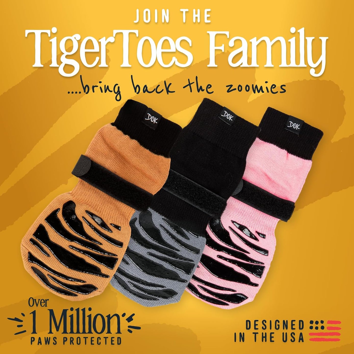 DOK TigerToes Premium Non-Slip Dog Socks for Hardwood Floors - Extra-Thick Grip that Works Even When Twisted - Prevents Licking, Slipping, and Great for Dog Paw Protection - Size Medium