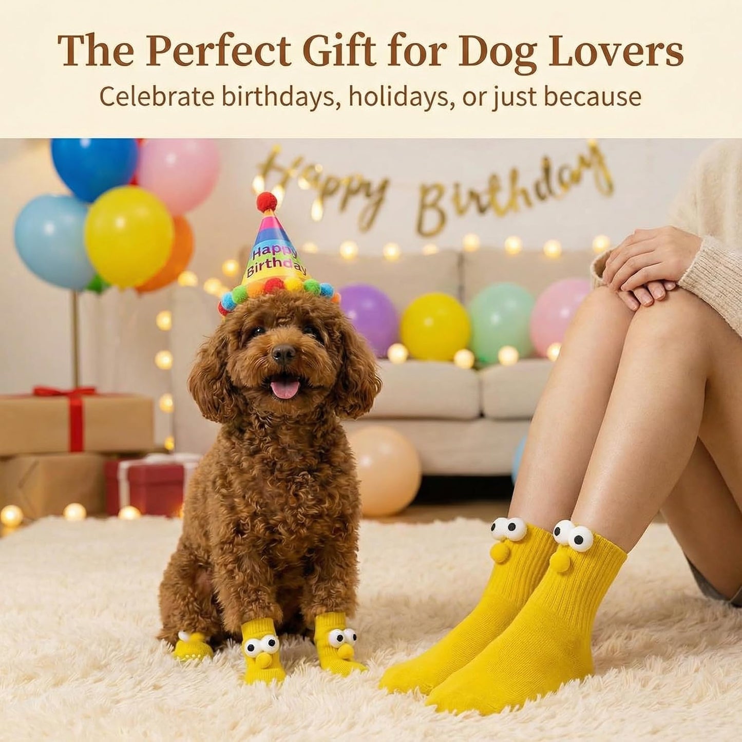 Dog Socks & Owner Matching Set, Anti Slip Dog Booties with Adjustable Straps, Paw Protectors for Hardwood Floors, Traction Control for Senior Dogs, Stop Licking, Indoor & Winter Usage (2 Pairs)