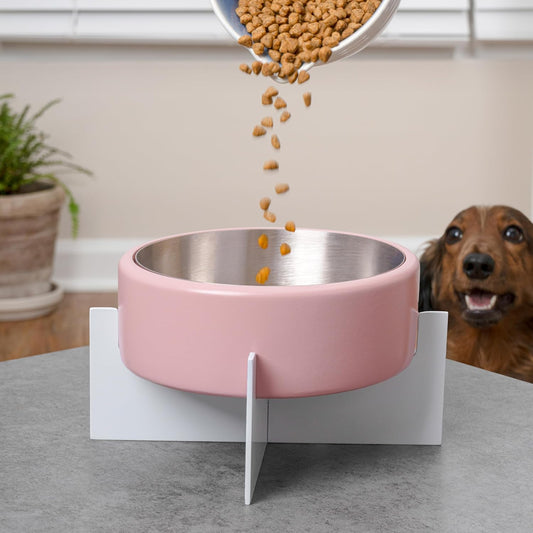 DBL3000A Intersecta Small/Medium Concrete and Stainless Steel Bowl 16oz (2 Cups) with Metal Stand Pet Feeder, Pink/White