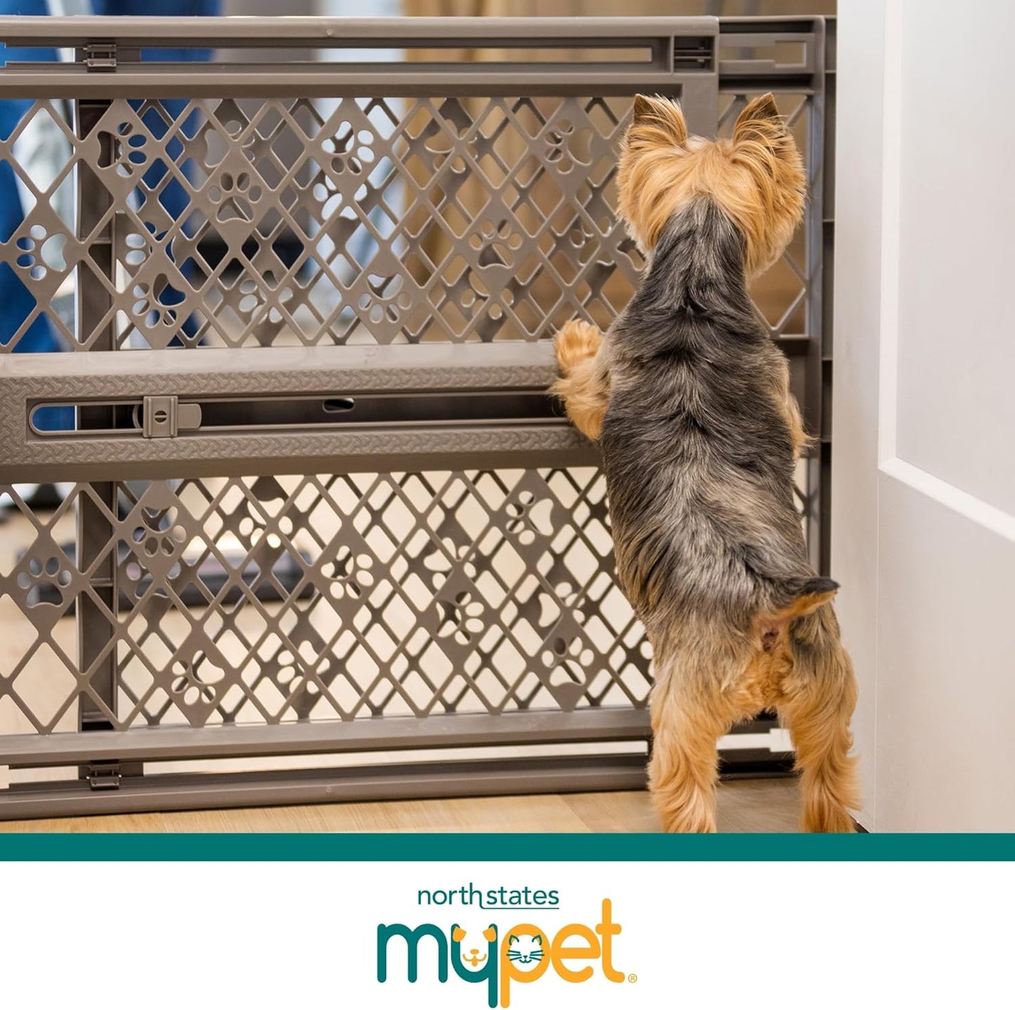 MYPET North States Paws Portable Pet Gate: 26-40" Wide. Pressure Mount. No Tools Needed. Made in USA, 23" Tall, Expandable, Durable Dog Gates for Doorways, Fieldstone Gray