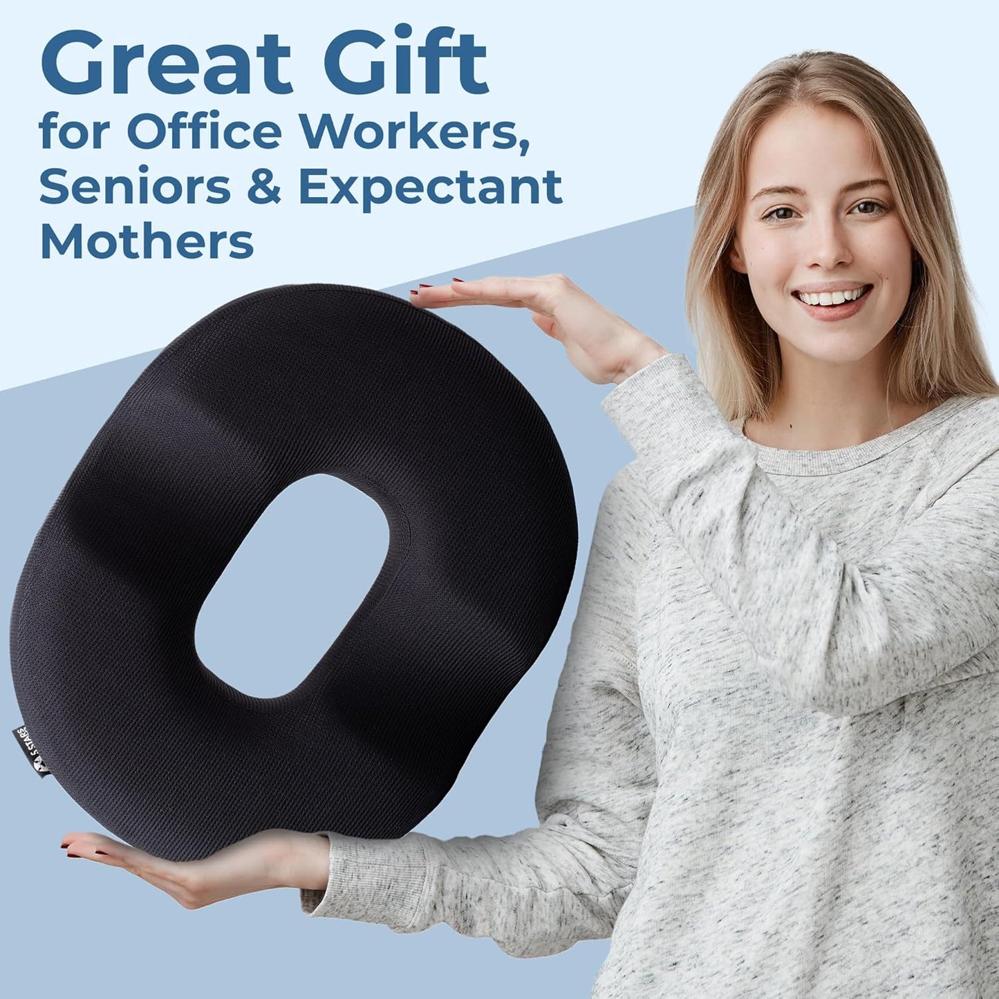 5 STARS UNITED Donut Pillow Hemorrhoid Tailbone Cushion โ Large Cushion for Pain Relief โ Coccyx, Prostate, Sciatica, Pelvic Floor, Pressure Sores, Pregnancy, Postpartum Recovery, Black