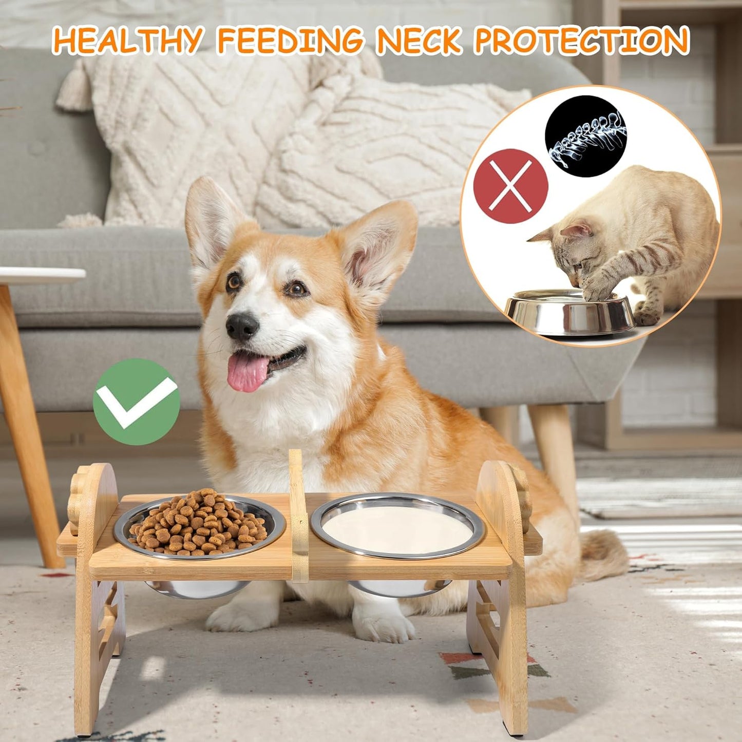 MCEAST Elevated Cat Bowls, Adjustable Raised Dog Bowls Stand with 2 Pieces 304 Stainless Steel Bowls, Bamboo Pet Elevated Bowl Cat Feeder for Newborn Cats Dogs Pets from 4.4 to 11 Pounds