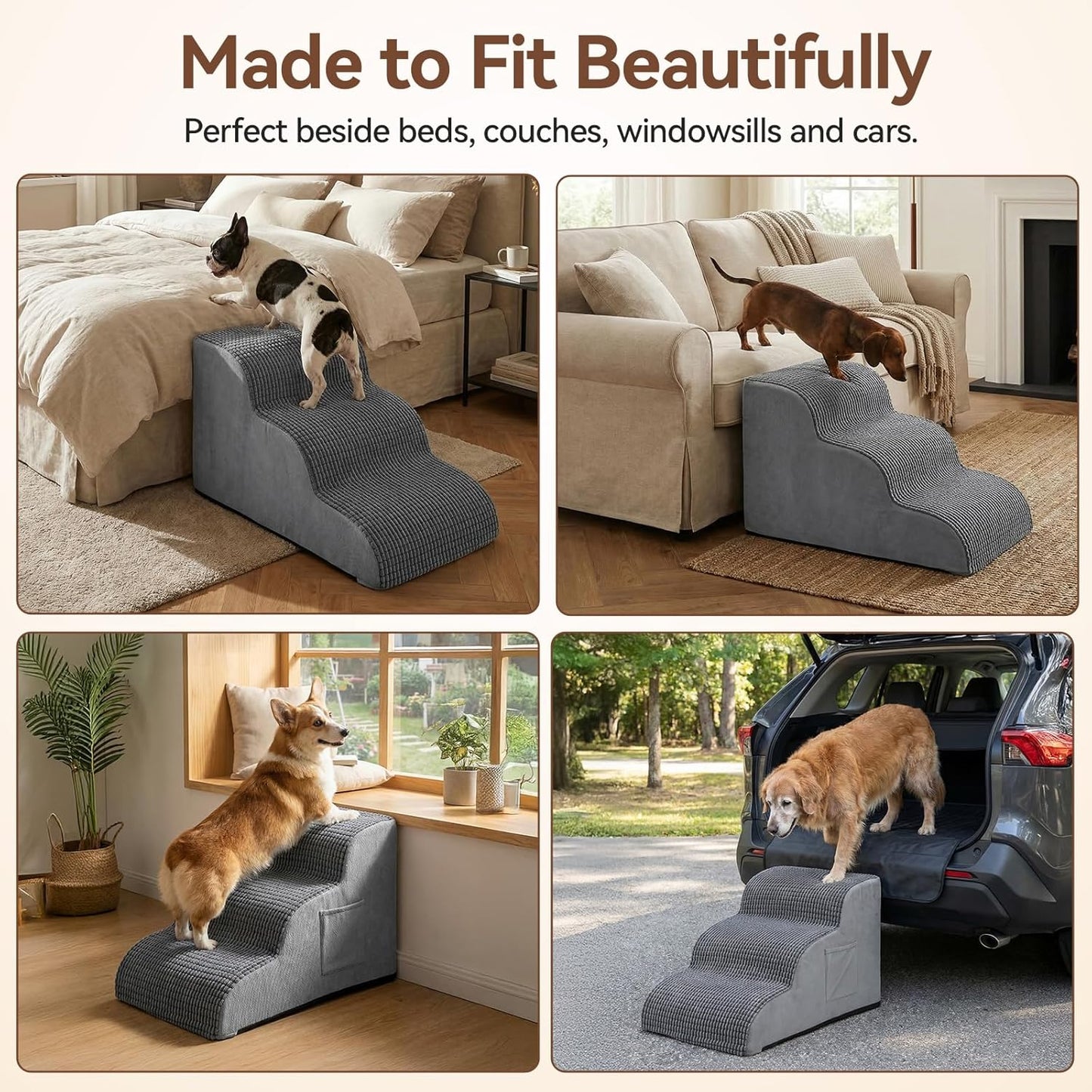 Dog Stairs for Small Dogs, 3 Step Foam Ramp for Bed & Couch, Pet Steps for High Bed with Non Slip Base, Washable Cover, Joint Support Design, Grey