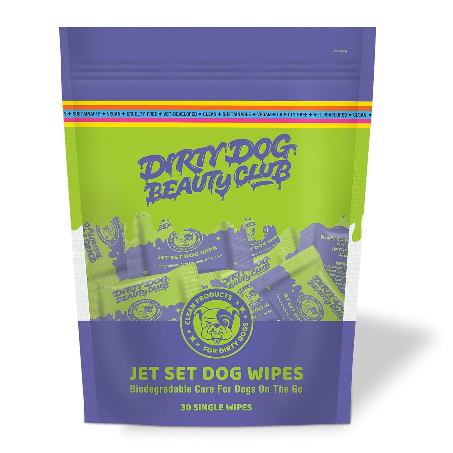 Dirty Dog Beauty Club - Jet Set Dog Wipes - Thick, Gentle, Biodegradable, Chemical Free, Alcohol Free, Soothing with Calendula and Aloe Vera - (30 Count), Unscented