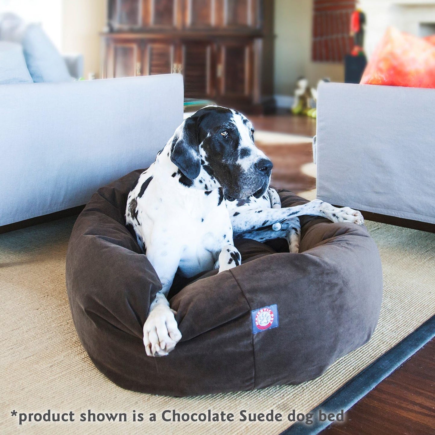 Majestic Pet 40 Inch Suede Calming Dog Bed Washable 40x29x9 (Inch) – Cozy Soft Round Donut Dog Bed with Spine Support for Dogs to Rest their Head - Round Pet Bed Large – Chocolate