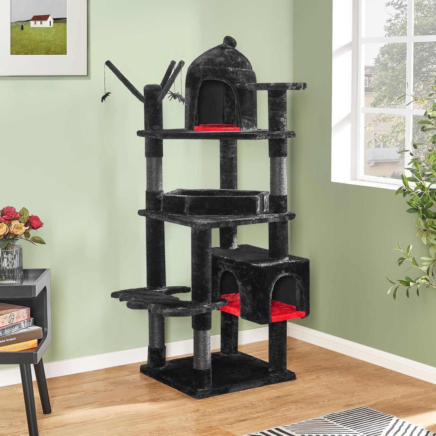 BEWISHOME Heavy Duty Cat Tree, 63 in Large Cat Trees Gothic Cat Tower with Coffin Bed, Cat Houses with Scratching Posts for Large Cats 20 lbs+, Tall cat Condos, Black & Red MMJ96R