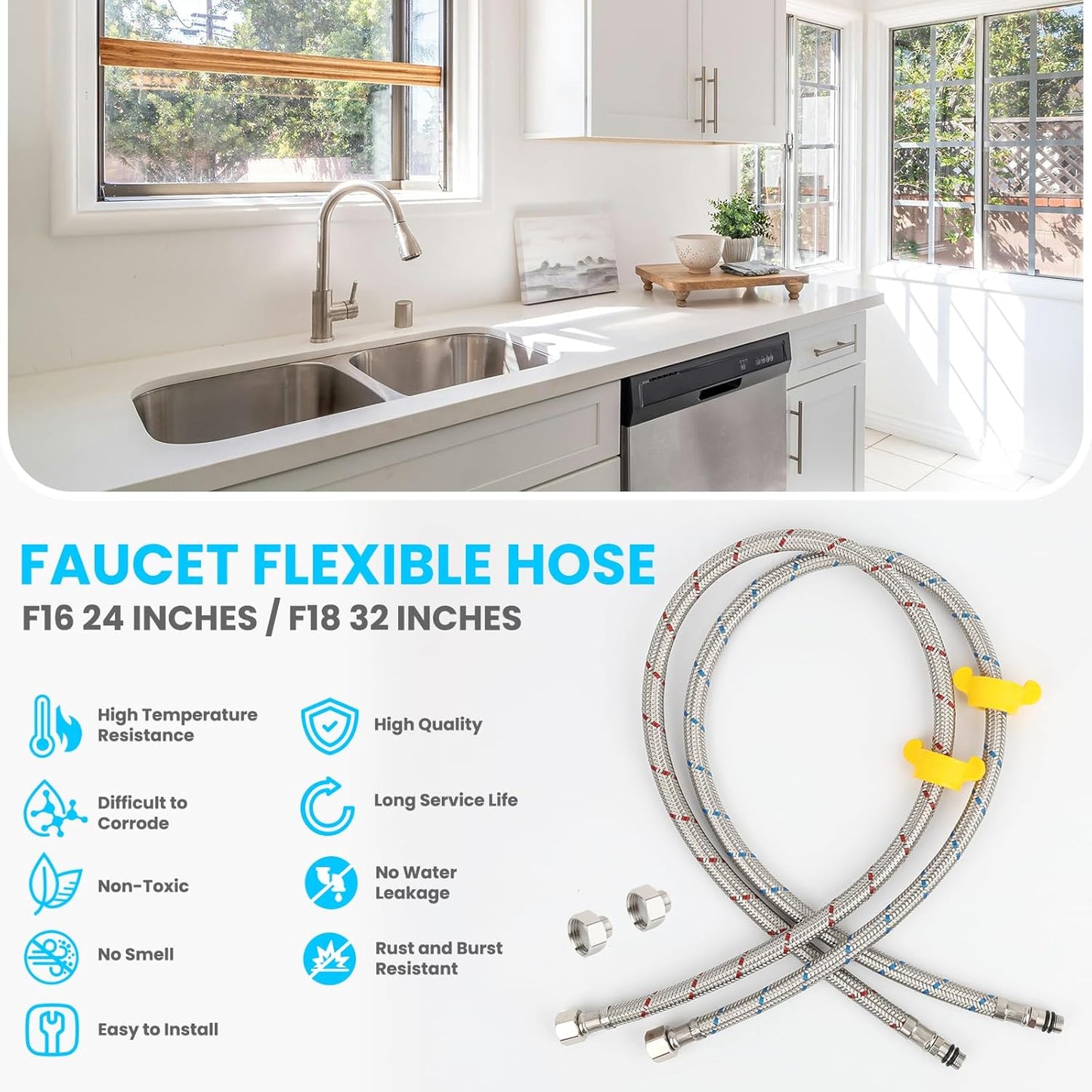 Klabb 32-Inch Stainless Steel Braided Faucet Supply Line, 3/8" Compression Inlet with 1/2" Adapter and M10 Faucet Connection for Bathroom & Kitchen Sinks