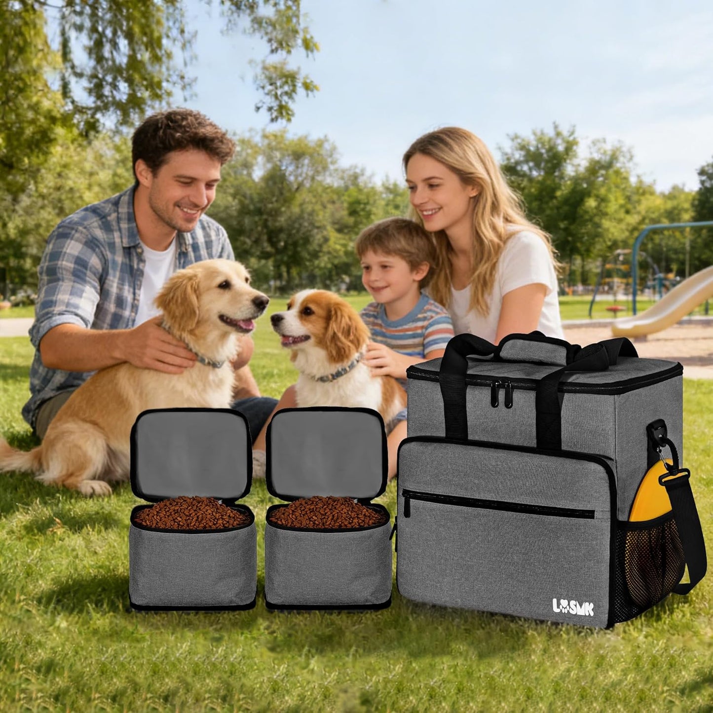 Dog Travel Bag, Large Pet Travel Set with Multi-Function Pockets, 2 Food Storage Containers, 2 Collapsible Bowls, 1 Feeding Mat for Pet Supplies, Road Trip Essentials, Weekend Camping (Black)