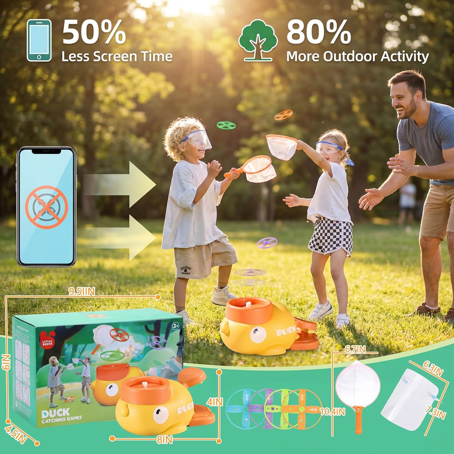 Duck Flying Disc Launcher for Kids: 12 Piece Flying Discs Launcher Throw and Chasing Catching Games - Outside Toys Kids Ages 3-5 6-8 Boys Girls Family Courtyard - Birthday Party Gift for Kids