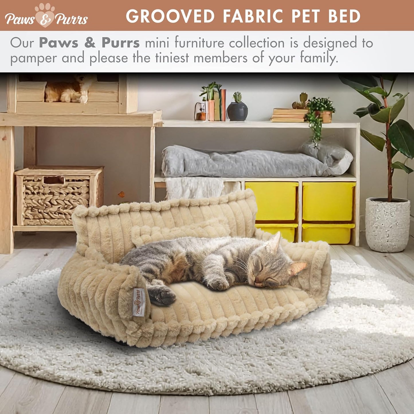 Grooved Pet Bed for Small to Medium Dogs or Cats, Soft Ribbed Corduroy-Style Polyester Fabric, Supportive Bolsters, Removable Cover, Non-Slip Base, Sofa Pet Lounger with Mini Play Cushion, Camel