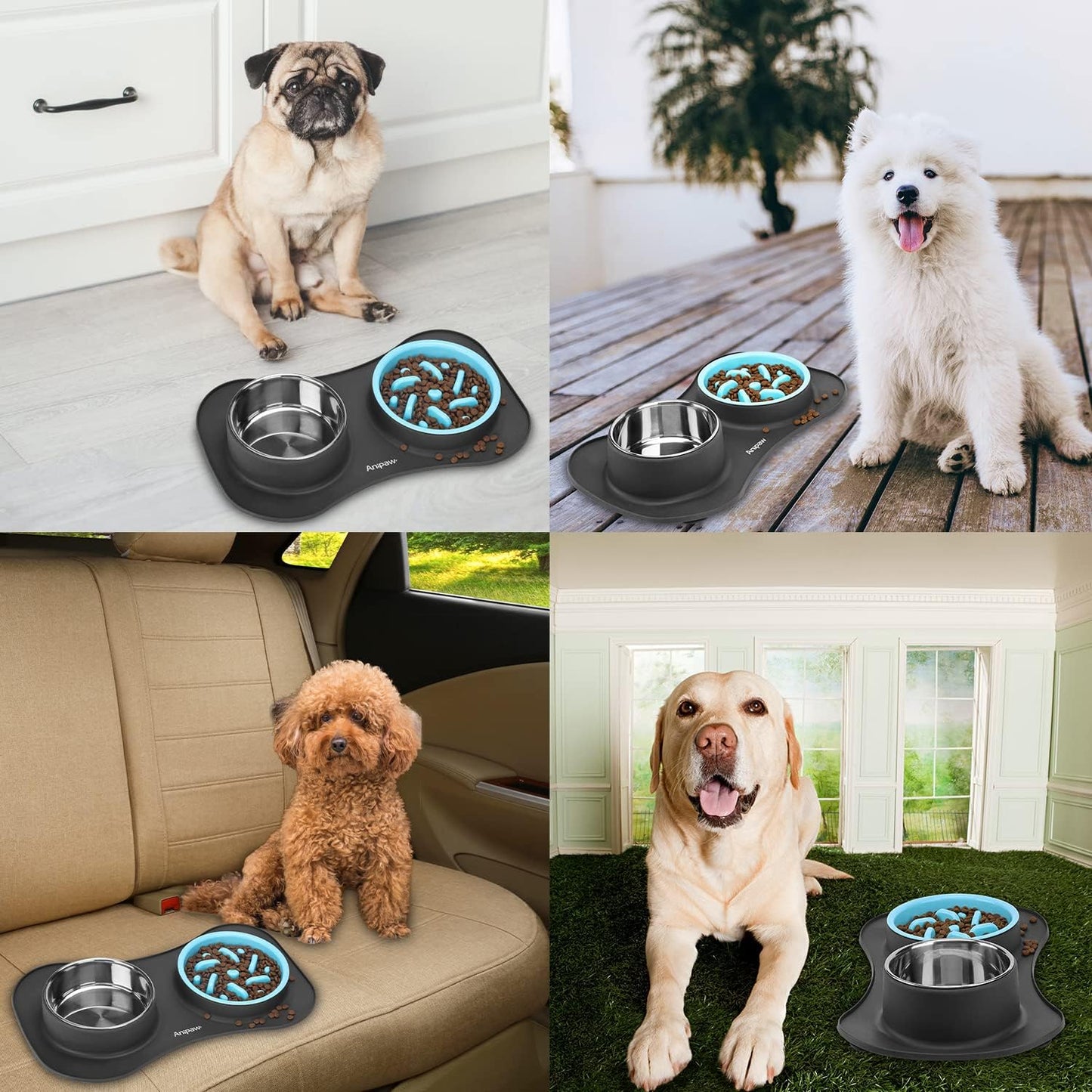 Slow Feeder Dog Bowls 3 in 1 Stainless Steel Food and Water Bowls with Non-Spill and Skid Silicone Mat to Slow Down Eating for Large Medium Small Breed Size Dogs and Cats