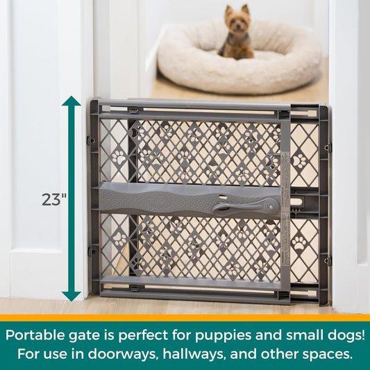 MYPET North States Paws Portable Pet Gate: 26-40" Wide. Pressure Mount. No Tools Needed. Made in USA, 23" Tall, Expandable, Durable Dog Gates for Doorways, Fieldstone Gray