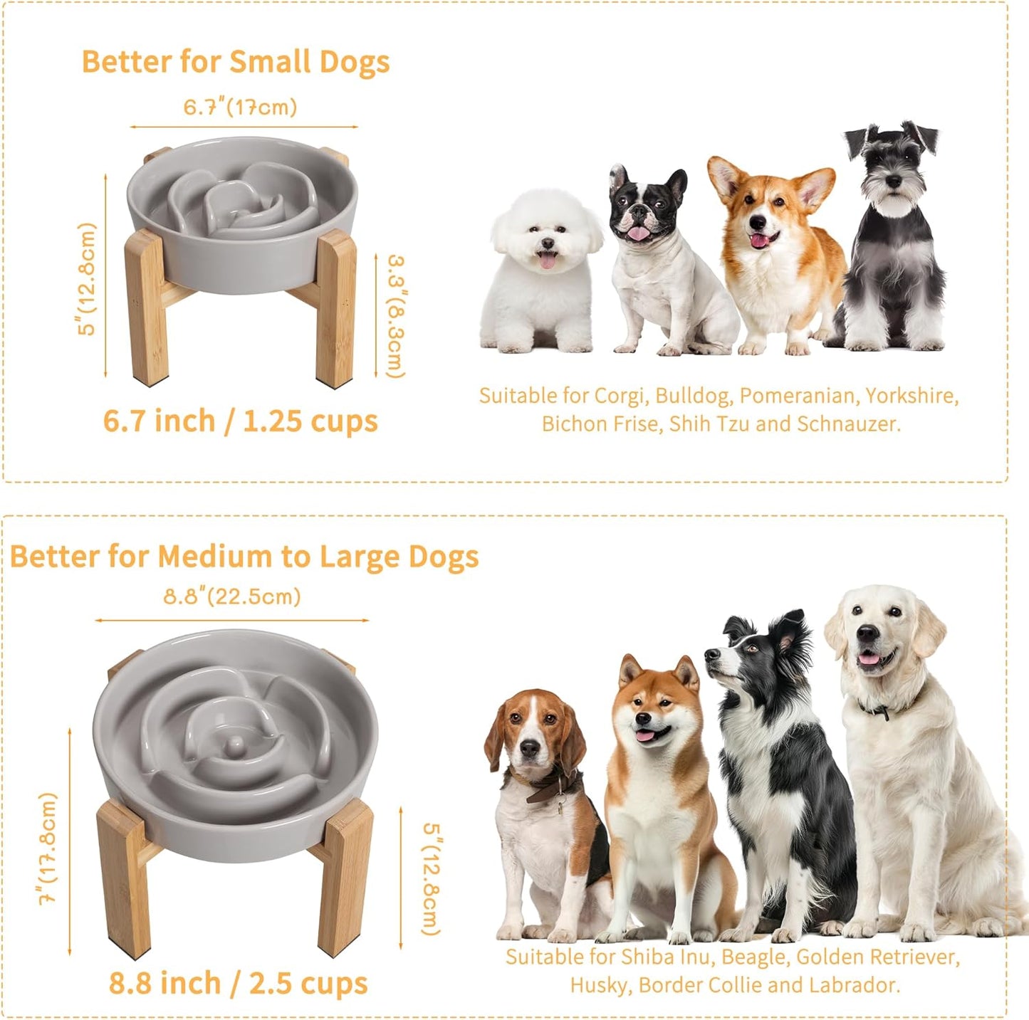 Elevated Slow Feeder Dog Bowl - Puzzle Maze Dish with Bamboo Stand - Raised Ceramic Food Bowl for Medium and Large Dogs - Grey - 8.8 inch