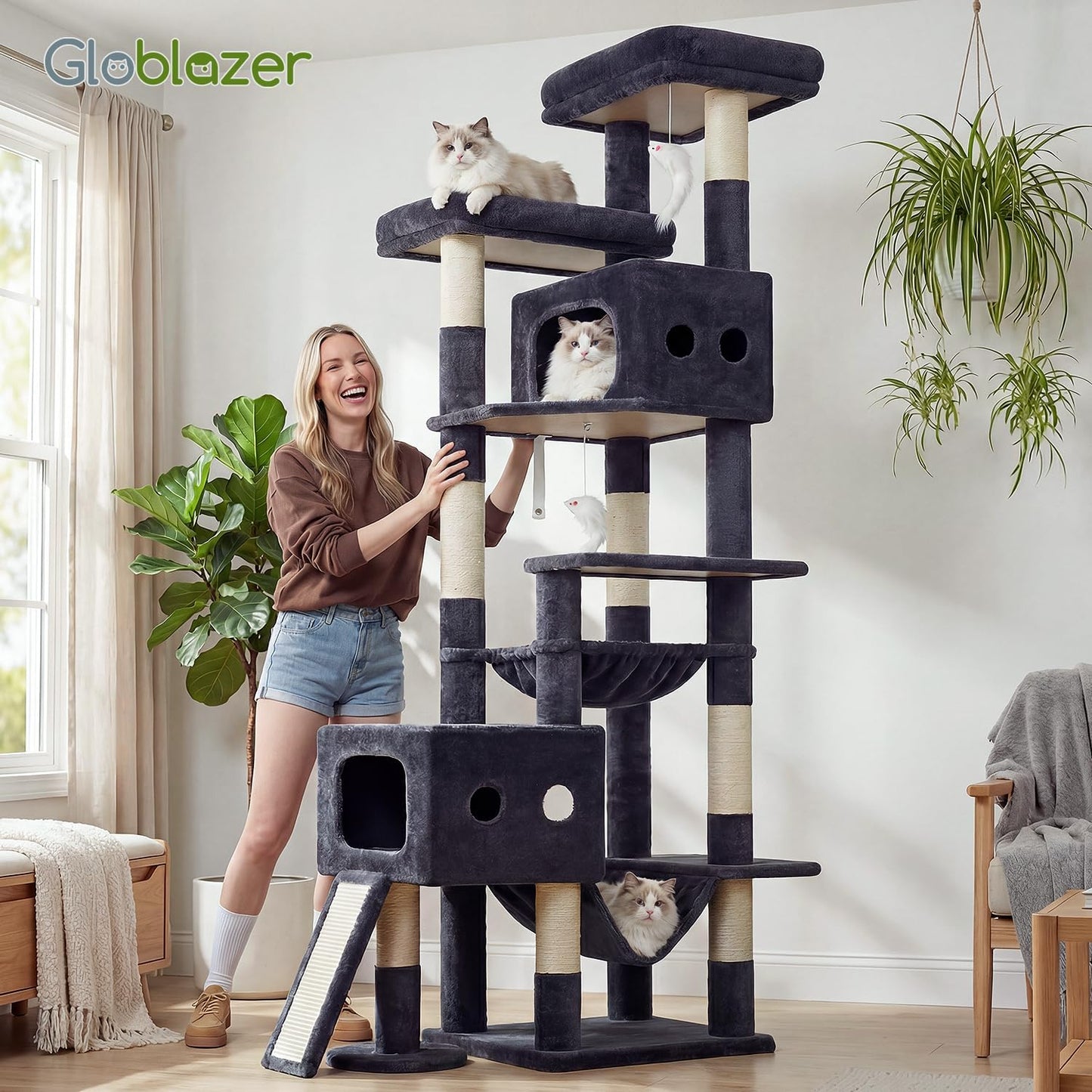 Globlazer Multi-Level Tall Cat Tower 83 inch Sturdy Extra Large Heavy Duty Cat Tree for Indoor Large Adult Cats Kittens with 2 Cat Condo, 8 Scratching Post, 2 Hammock, S83G, Dark Grey