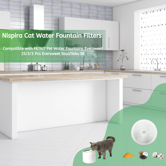 Nispira Cat Water Fountain Filter Replacements for Eversweet 2S/3/3 Solo/Solo SE Cybertail Pet Water Dispenser Triple Filtration, 6 Packs