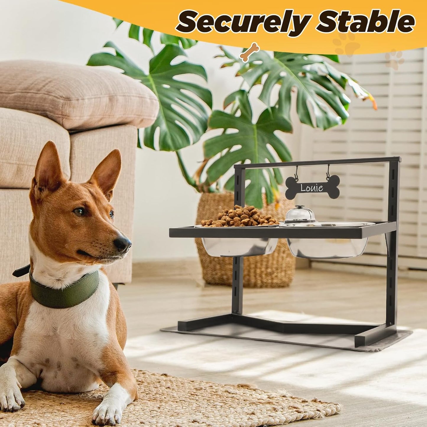 Grand Line Elevated Dog Bowls - 7 Height Adjustable, 10 Tilted Raised Stand With Spill Proof Mat, Two 1.5L Stainless Steel Food Water Bowls for Large Medium Small Dogs (15.4" H)