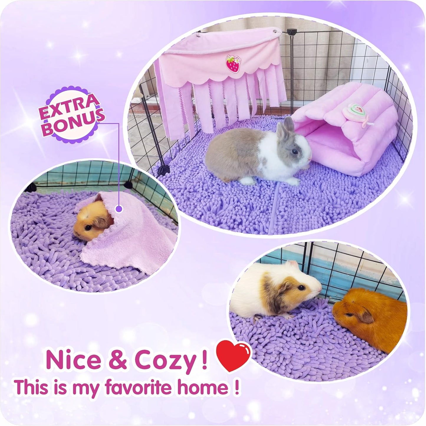 Guinea Pig Cage Liner Bedding 47x24, Washable Guinea Pig Bed Mat, Extra Absorbent Rabbit Pee Pad Reusable, Non-Slip Fleece Blanket for Bunny and Small Animal Cage Accessories (Purple, 47"x24")