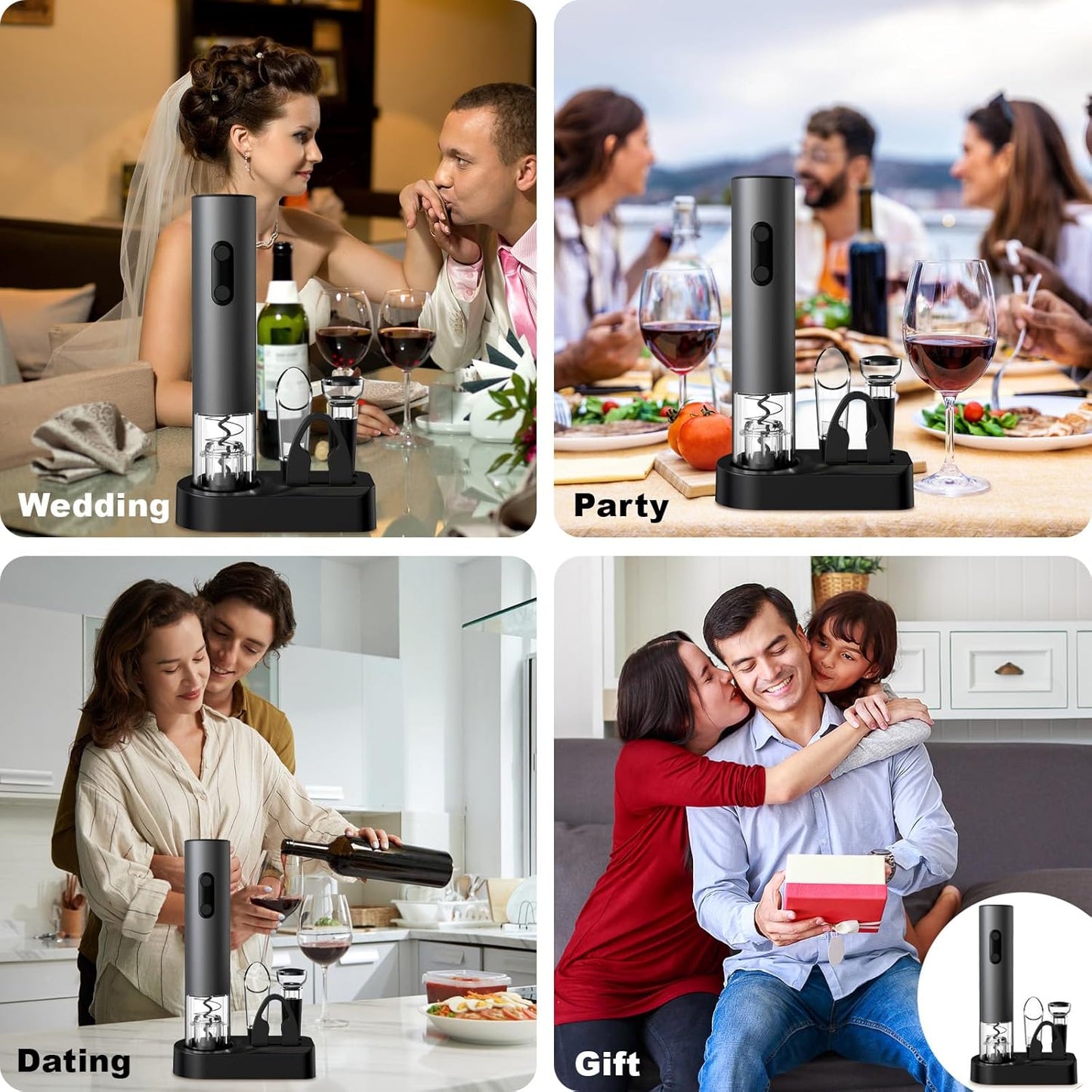 COKUNST Electric Wine Opener Set, 4-in-1 Wine Bottle Openers Set with Base, Automatic Corkscrew with Foil Cutter, Pour, Vacuum Stoppers for Home Party Wedding Bar - Battery Operated (Space Gray)