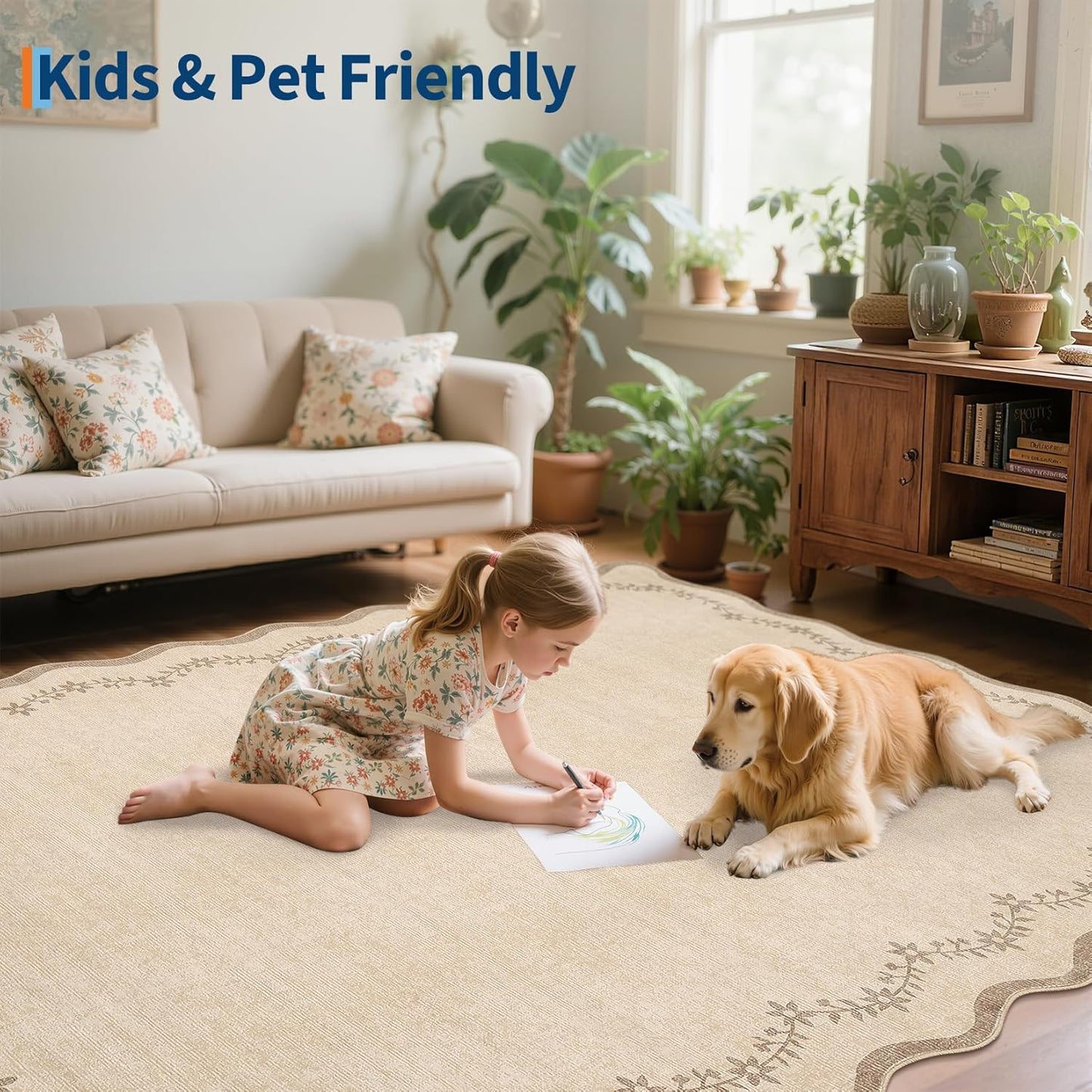 GarveeHome 4x6 Jute Scalloped Washable Area Rug for Nursery Room, Solid Floral Soft Nursery Rug Non Slip Low Pile Small Carpet Stain Resistant Throw Rug for Dorm Kids Room Office Dining Room