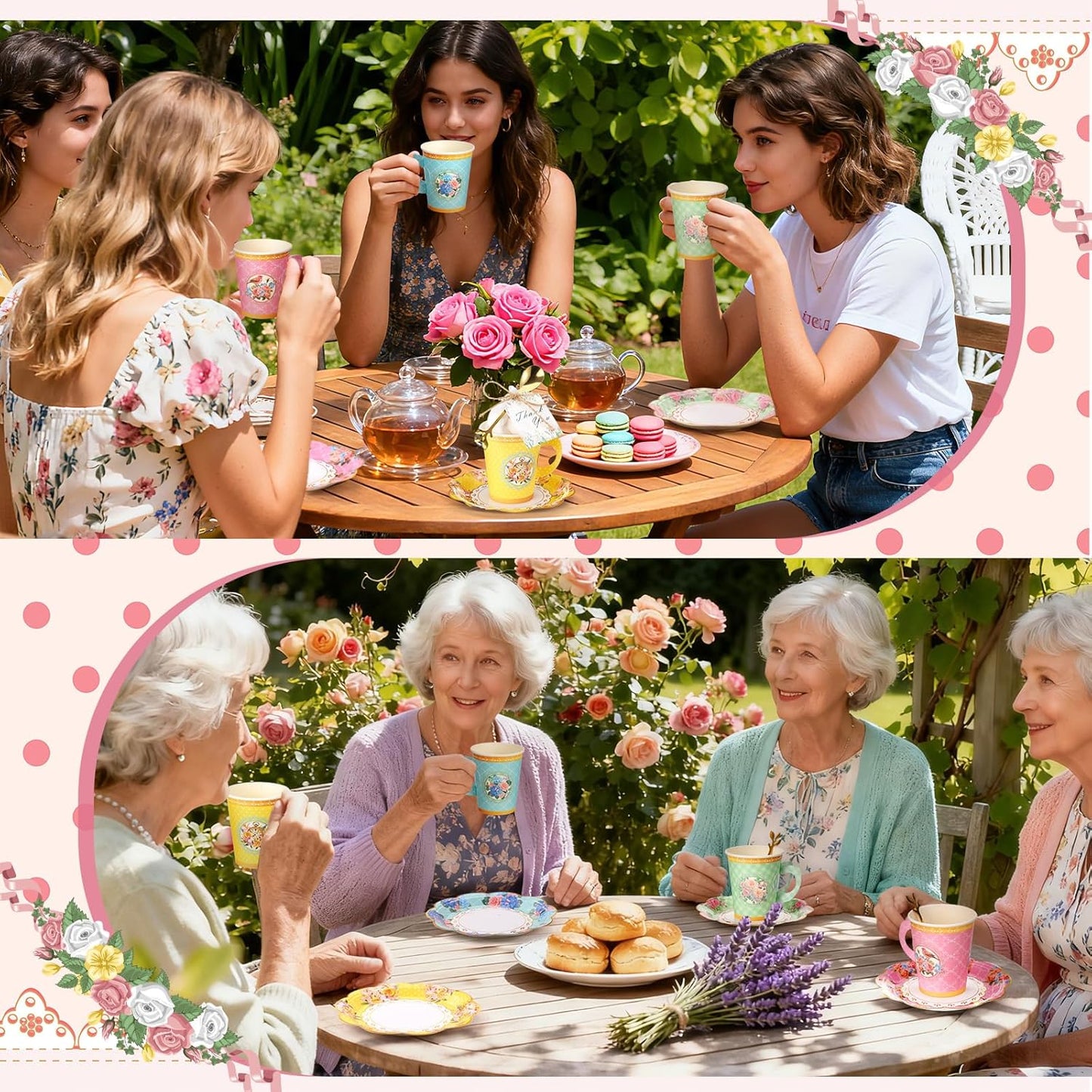 125 Pcs Tea Party Favors Set Floral Paper Teacups with Saucers, Vintage Style Tea Spoons, Disposable Spring Party Supplies for Hot or Cold Drinks, Ideal for Birthday Baby Shower Bridal