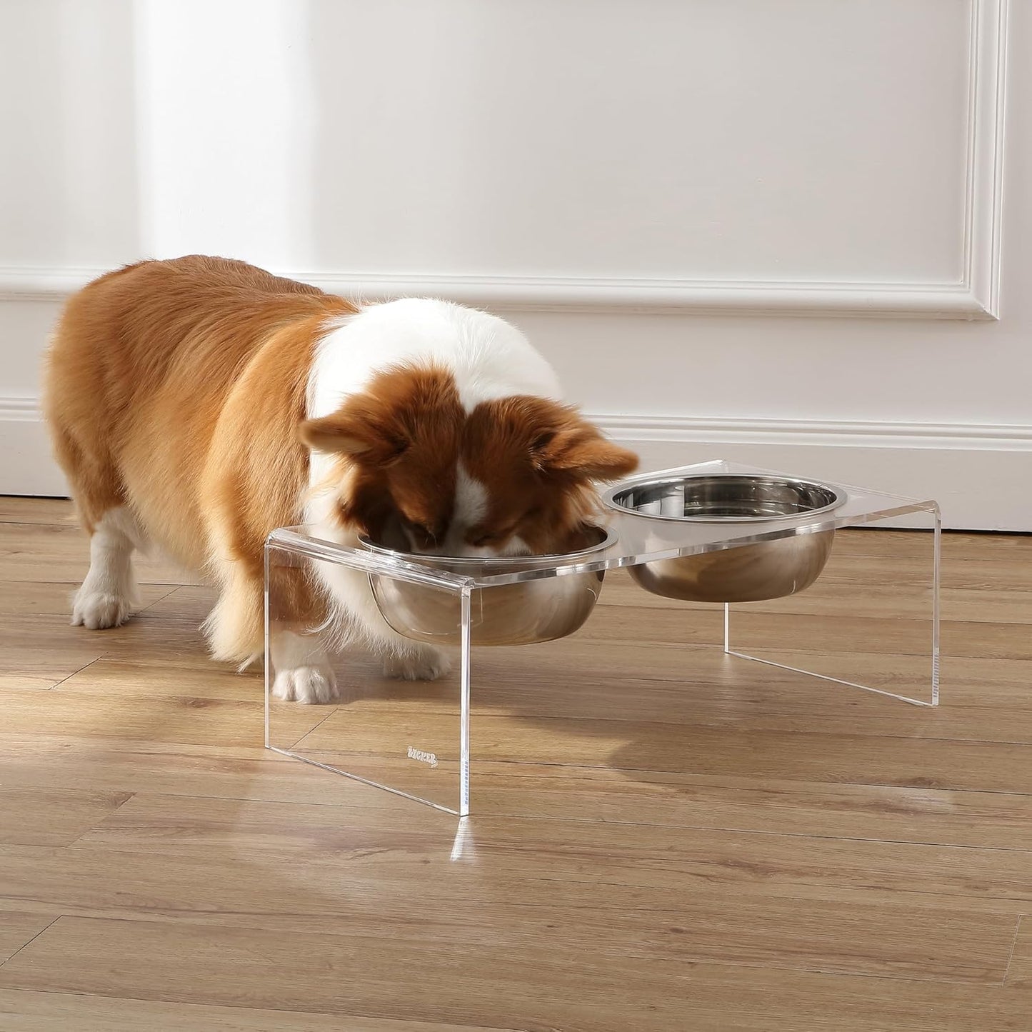 THE LICKER Store DBL2001A Keaton 7.5" Medium/Large Modern Lucite Rectangular Elevated Pet Feeder with 54oz 2-Stainless Steel Bowls, Clear/Chrome