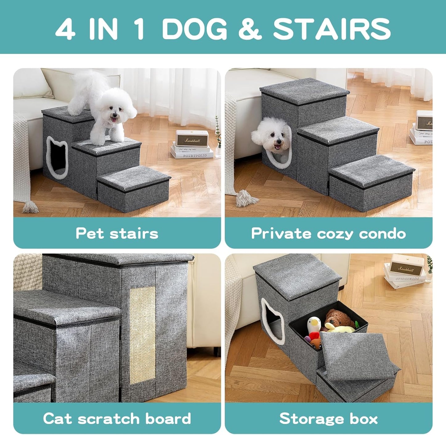 Dog Stairs for Small Dogs, 3-Step Non-Slip Pet Stairs for Cats, Small Dog Steps with Storage and Condo, Indoor Cat Steps for Older Cats, Arthritis-Friendly, Grey