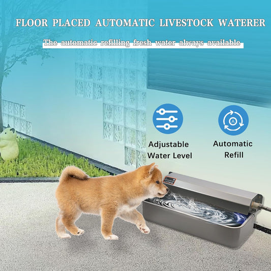 Automatic Dog Water Dispenser with Drain Hole, 304 Stainless Steel Auto Water Dog Bowl with Float Valve, Hose Quick Connect Fitting, Automatic Livestock Waterer for Horse, Chicken (2 Gallons)