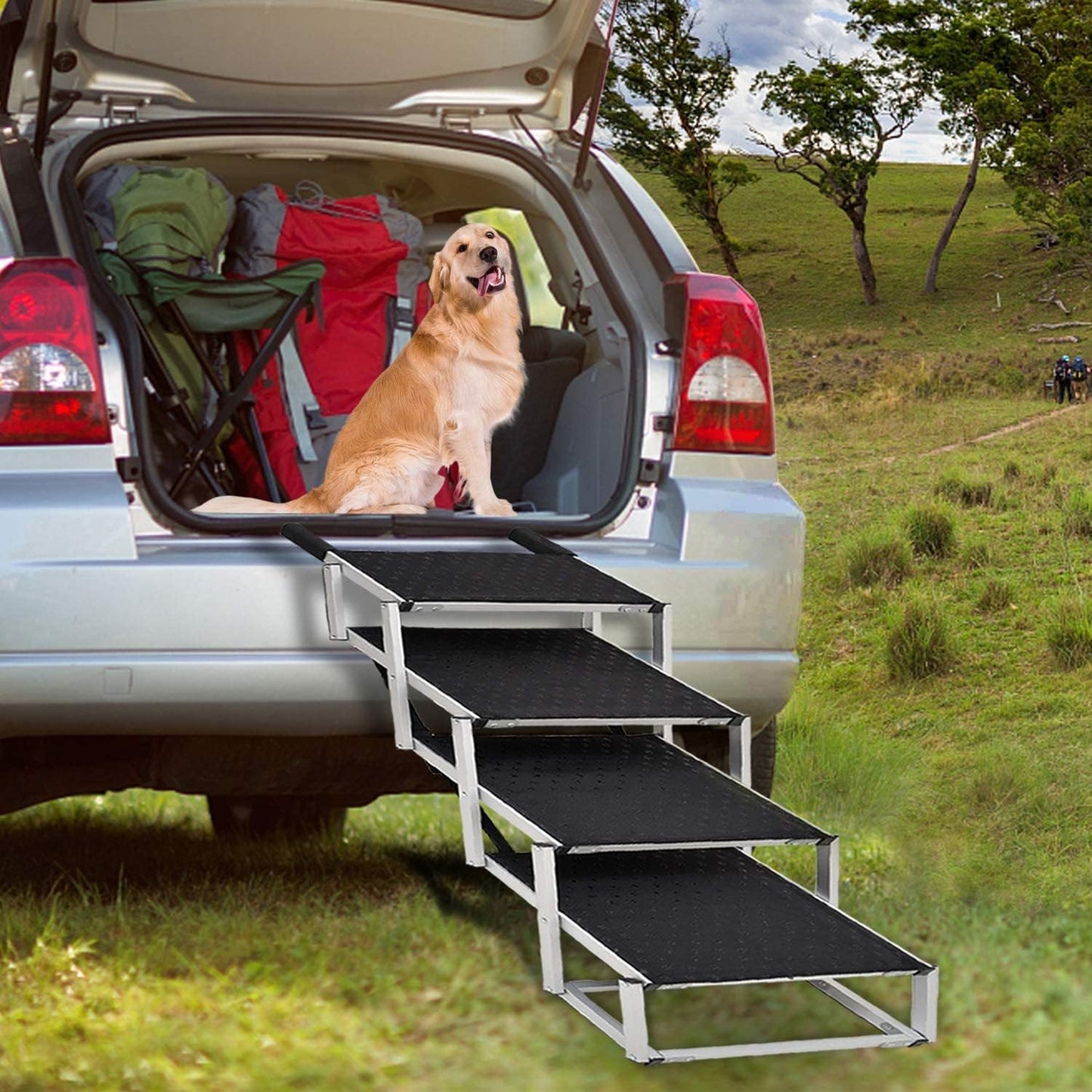 Joyrally Extra Wide Dog Stairs for Large Dogs,Dog Stairs for Cars,Foldable Dog Ramp Pet Steps Light Weight Aluminum,High Beds, Trucks, Supports up to 200 lbs (Extra Wide-4 Steps)