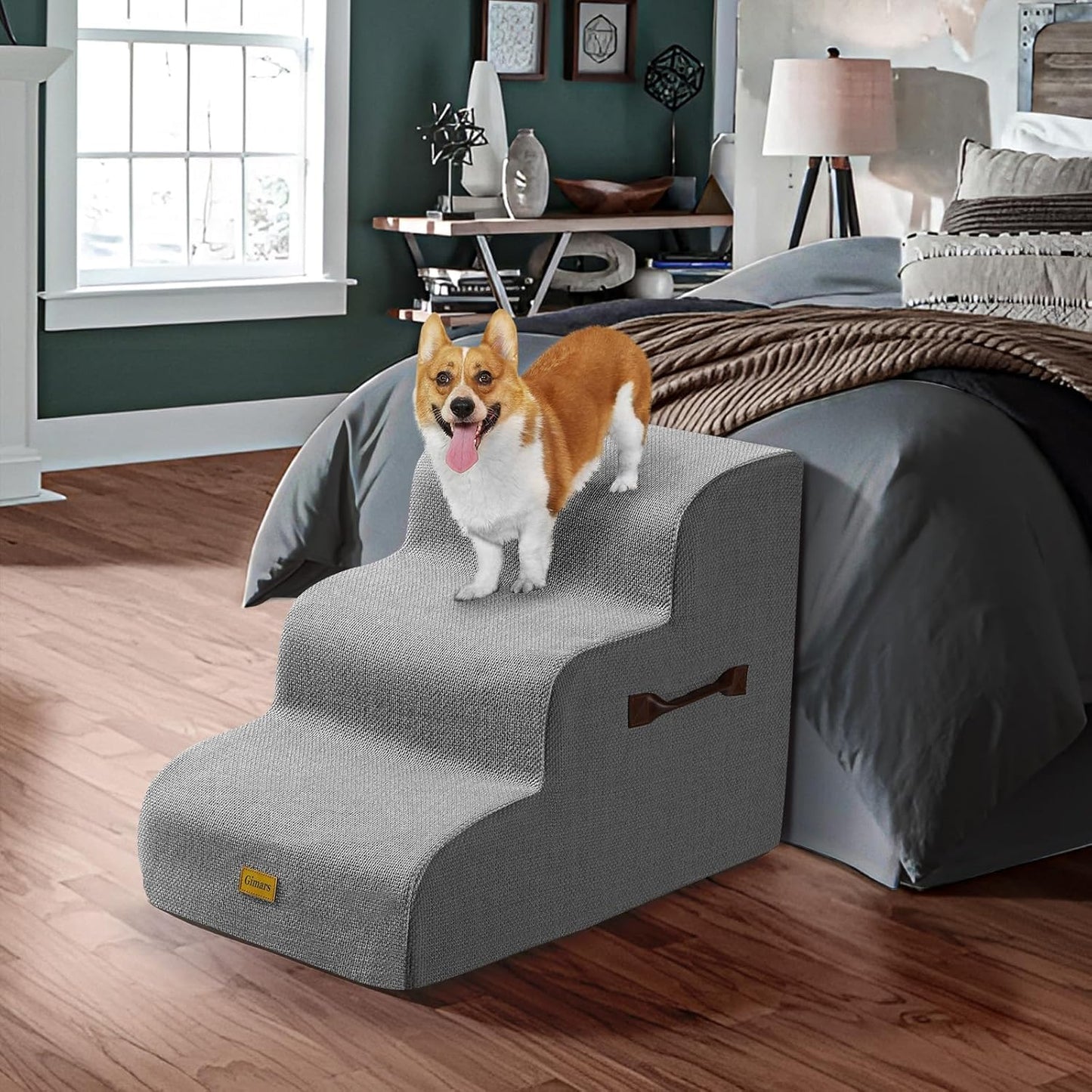 Gimars 30D High-Density Foam & Extra-Wide, Stable 3-Step Dog Stairs, 40cm High Pet Stairs with Washable Cover & Non-Slip Base, Portable Ramp for Small Dogs to Sofa, Bed, Couch, Car