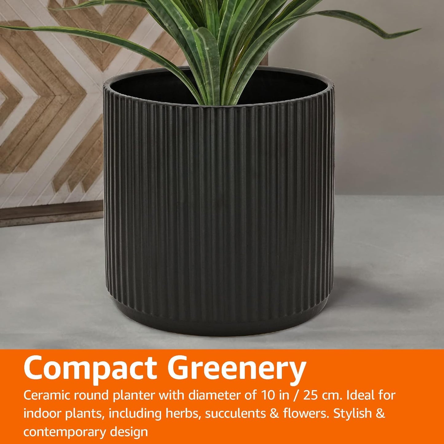 Amazon Basics Fluted Ceramic Round Planter, 10-inch, Black
