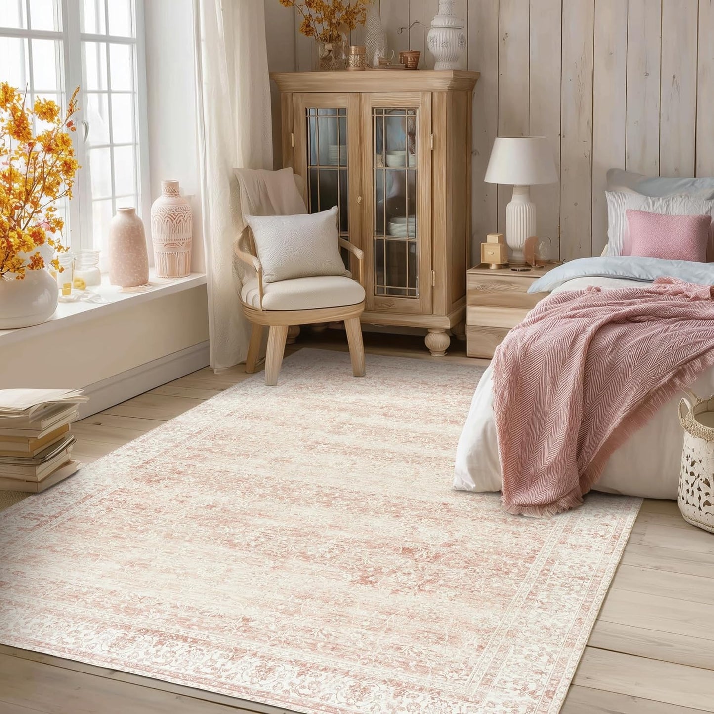 Pink Nursery Rug for Baby Girl 5 x 7 Neutral Blush Pink Boho Cute Floral Foldable Machine Washable Low Pile Soft Surface Carpet Area Rugs for Living Room Bedroom Dorm Kids Playroom,5x7