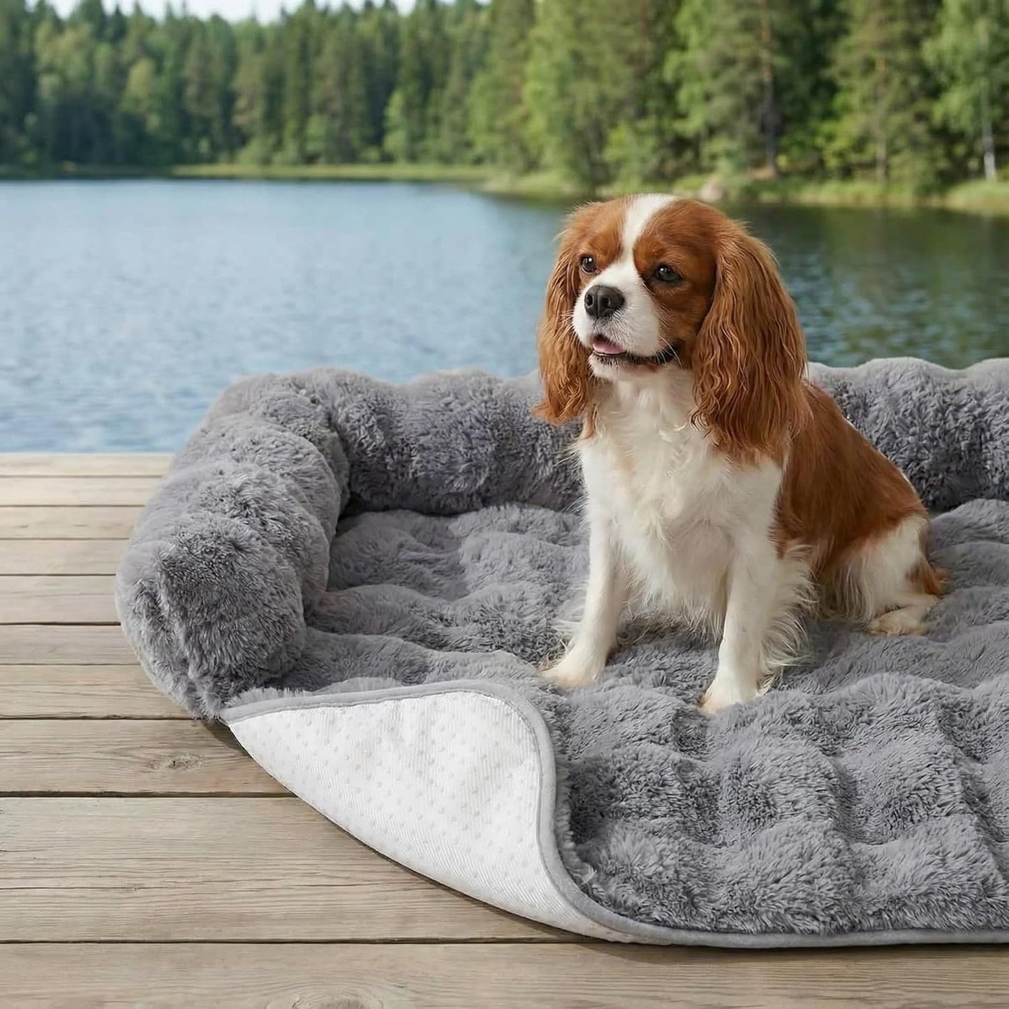 Calming Dog Bed for Couch, 29.5 x 29.5 inch Removable Couch Cover for Dogs Washable, Non-Slip Fluffy Plush Dog Sofa Mat for Furniture Protector (Grey)