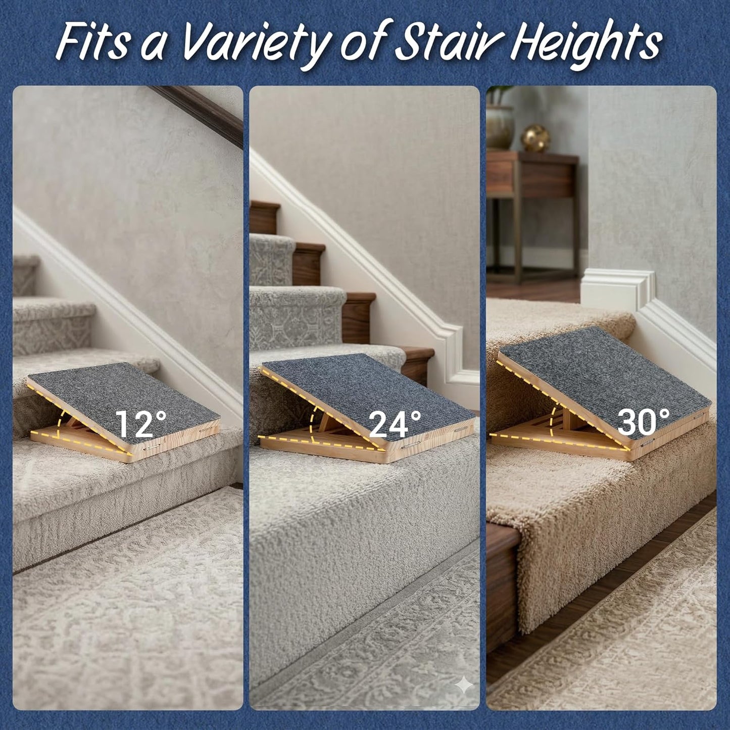 Dog Ramp for Stairs 4 Pack - Adjustable Wooden Stair Wedges for Small Dogs, Foldable Indoor Dog Stair Ramp with Triangular Support and Non-Slip Pads for Senior and Short-Legged Pets