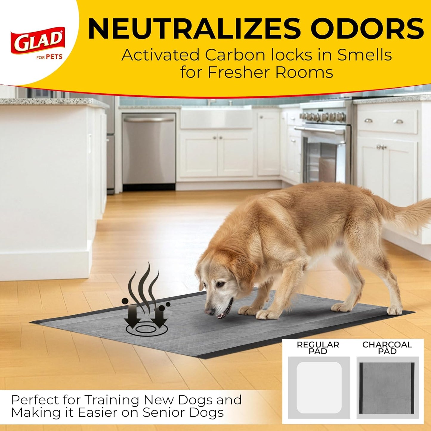 Glad for Pets Activated Carbon Dog Training Pads - Absorbent Large Disposable Dog Pee Pads for Dogs, XL Potty Pads for Dogs, Charcoal Puppy Pads with Adhesive Tabs, Jumbo Dog Pads, 28" x 30", 50 Count