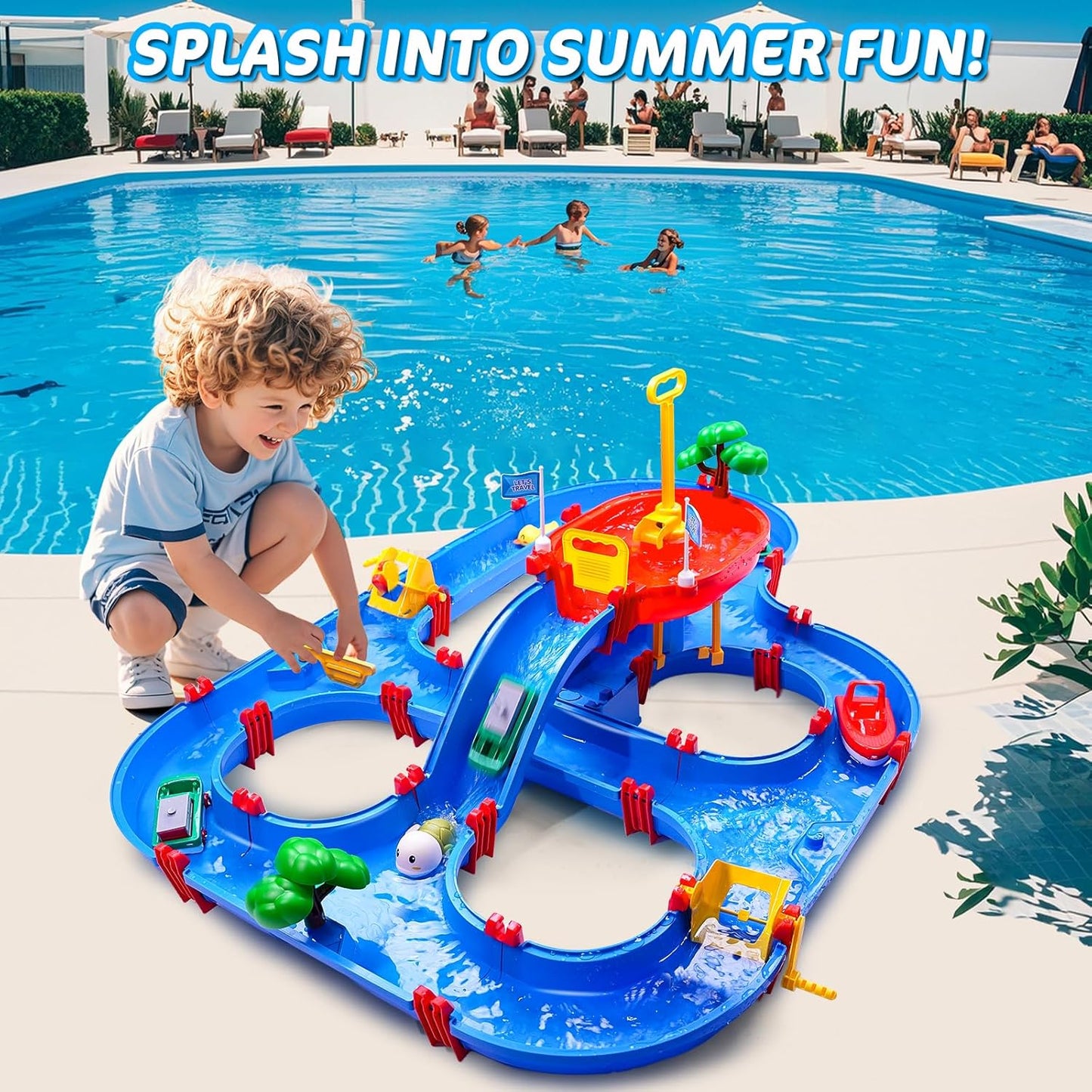 Double-Tier Kids Water Table Toys, 100PCS Water Park Playset with Pump, DIY Toddler Waterways, Summer Outdoor Toys for Backyard,Lawn,Beach,Pool, Outside Activity Funs for Boys Girls 4-8 3-5