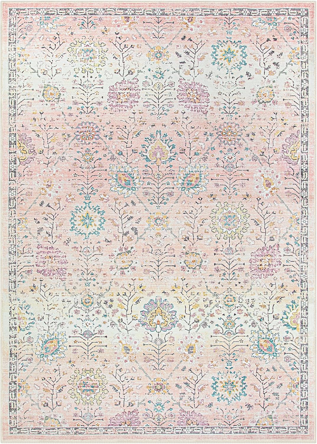 Lahome Flavie Pink Boho Area Rug for Nursery, 5x7 Washable Pink Rugs for Bedroom Girls Kids Room Living Room, Floral Pastel Carpet Non Slip for Teen Toddler Classroom Playroom Dorm, Bedroom Decor