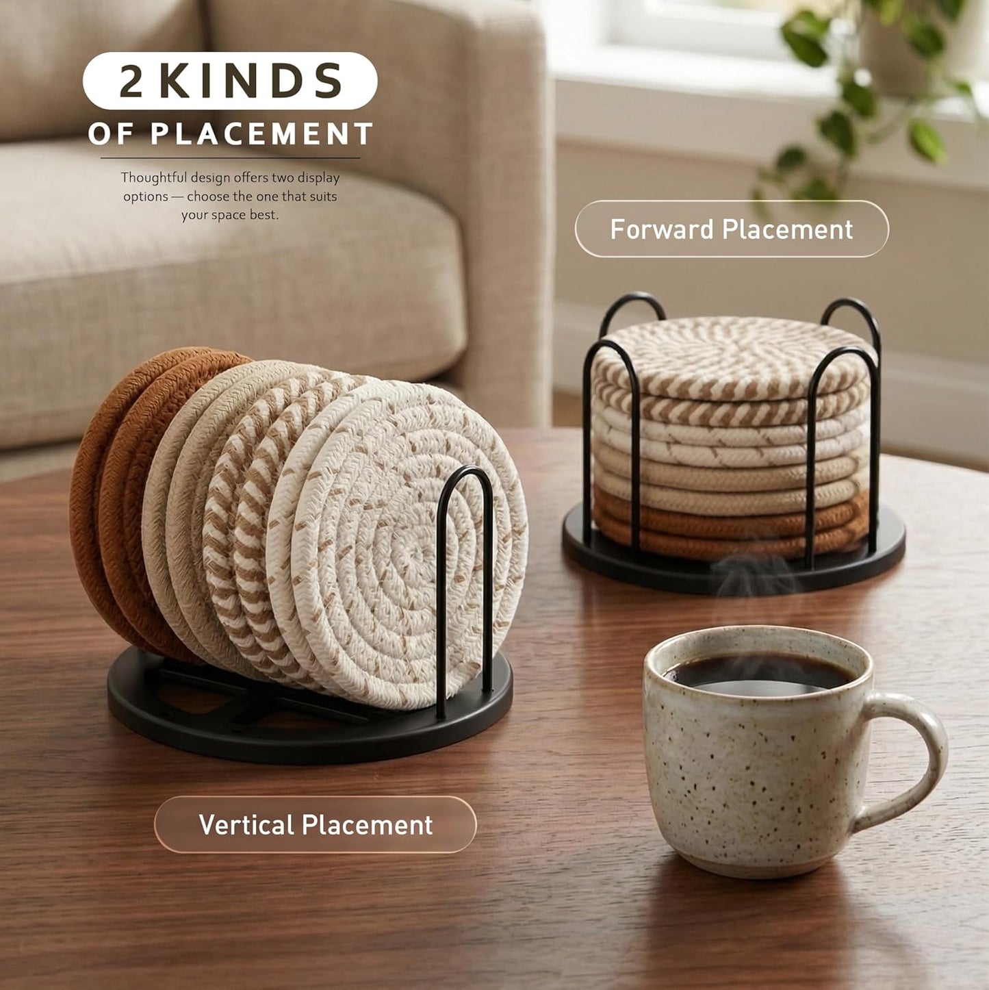 Coasters Set of 8 for Drinks, Beer, Coffee, Cotton Woven 4 Colors Absorbent Coaster with Holder, Boho Coasters for Home Decor Tabletop Protection Suitable for Kinds of Cups, Coffee